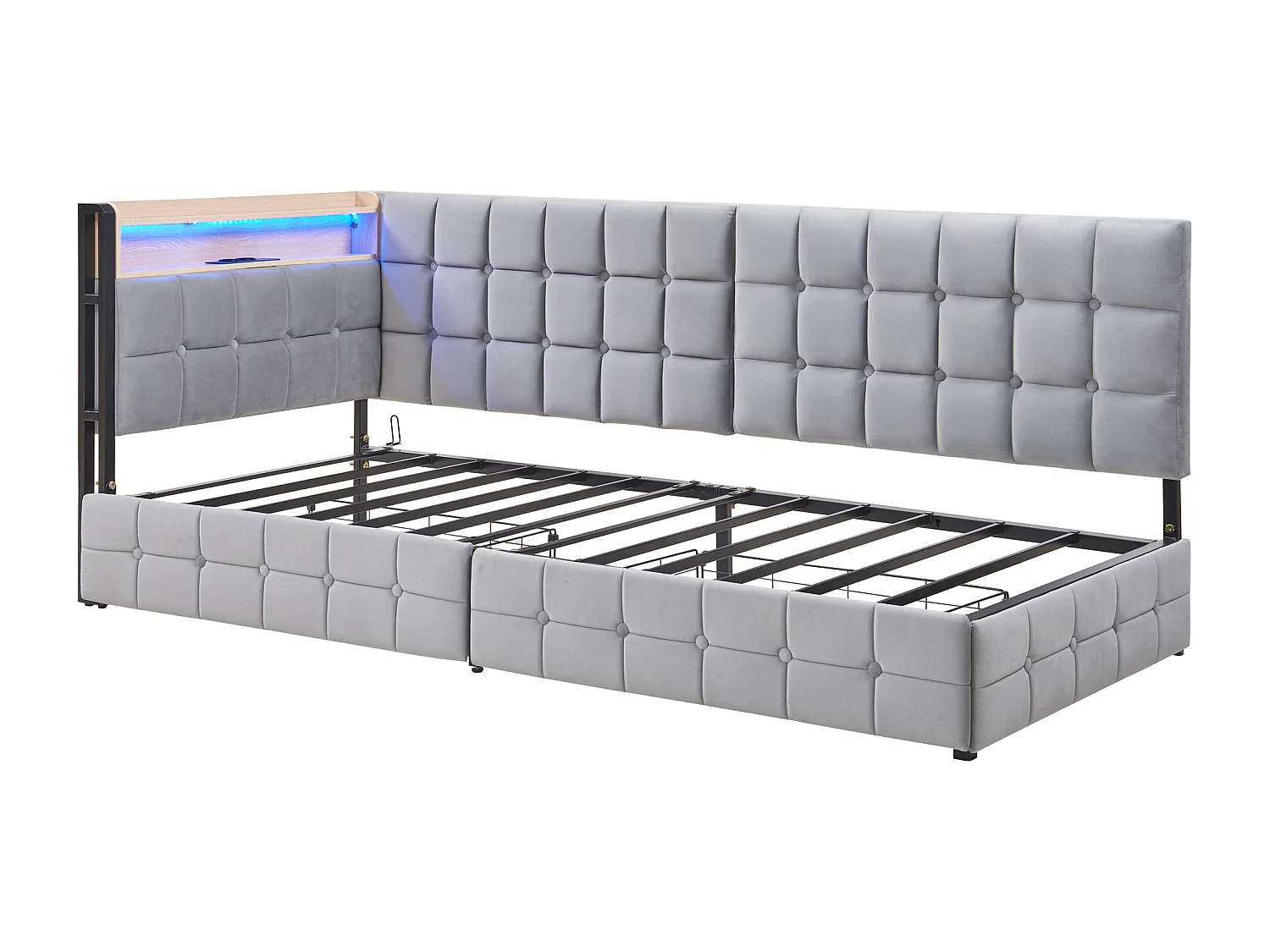 Lit banquette enfant 90x200cm gris clair en velours avec 2 tiroirs, LED et USB, cadre en métal, sans matelas