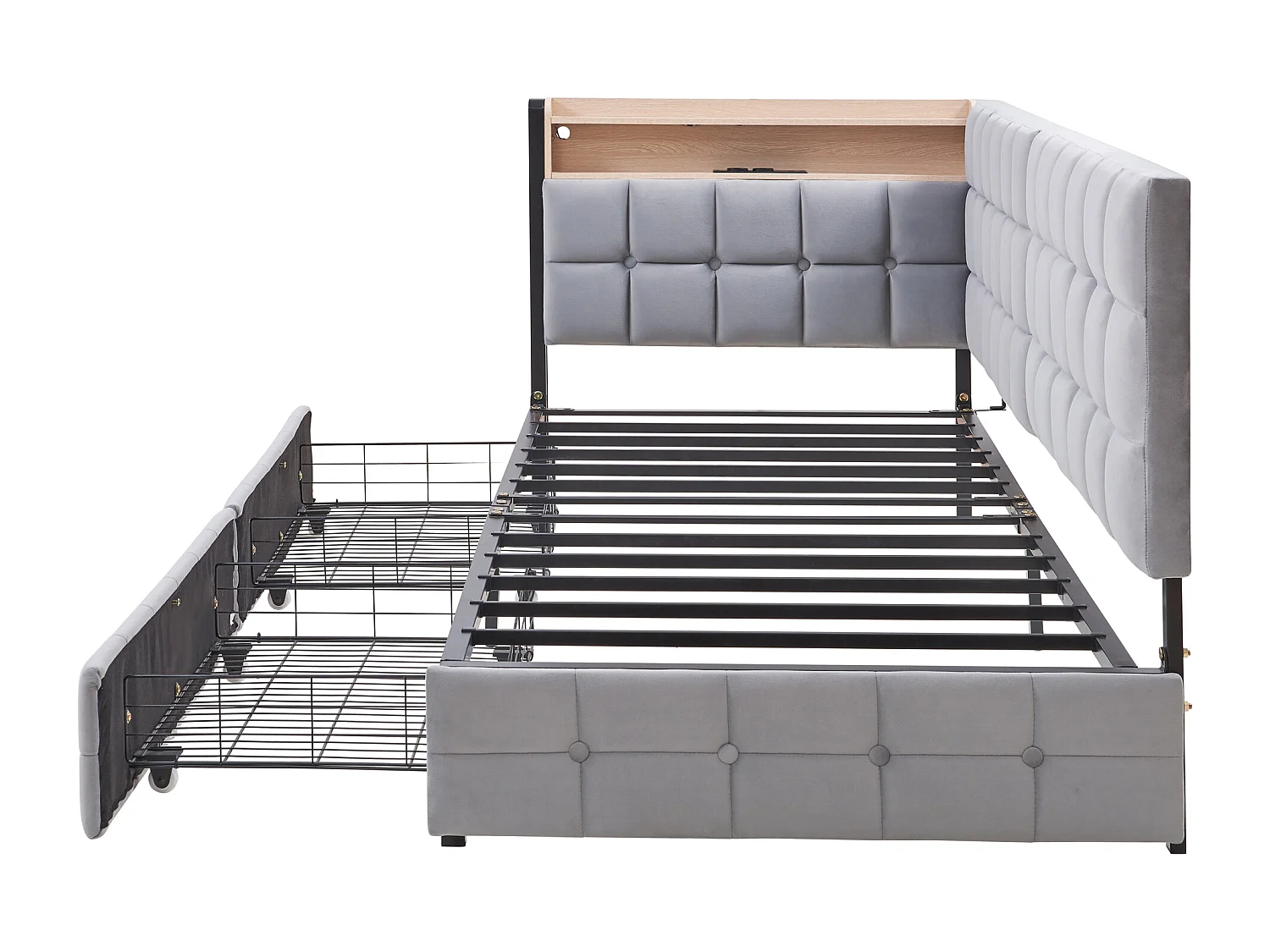 Lit banquette enfant 90x200cm gris clair en velours avec 2 tiroirs, LED et USB, cadre en métal, sans matelas