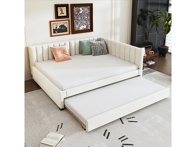 Slaapbank 140x200 cm met uitschuifbed 90x190 cm, lattenbodem, beige fluwelen stof, zonder matras