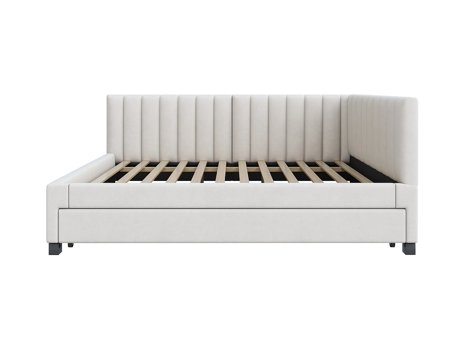 Lit banquette 140x200cm avec lit gigogne 90x190cm, sommier à lattes, tissu en velours beige, sans matelas