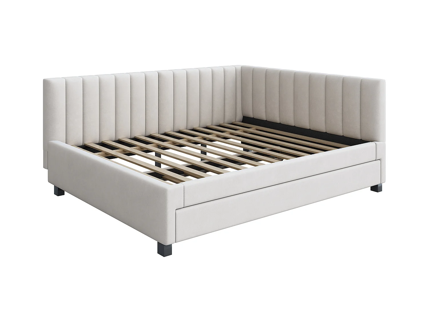 Lit banquette 140x200cm avec lit gigogne 90x190cm, sommier à lattes, tissu en velours beige, sans matelas