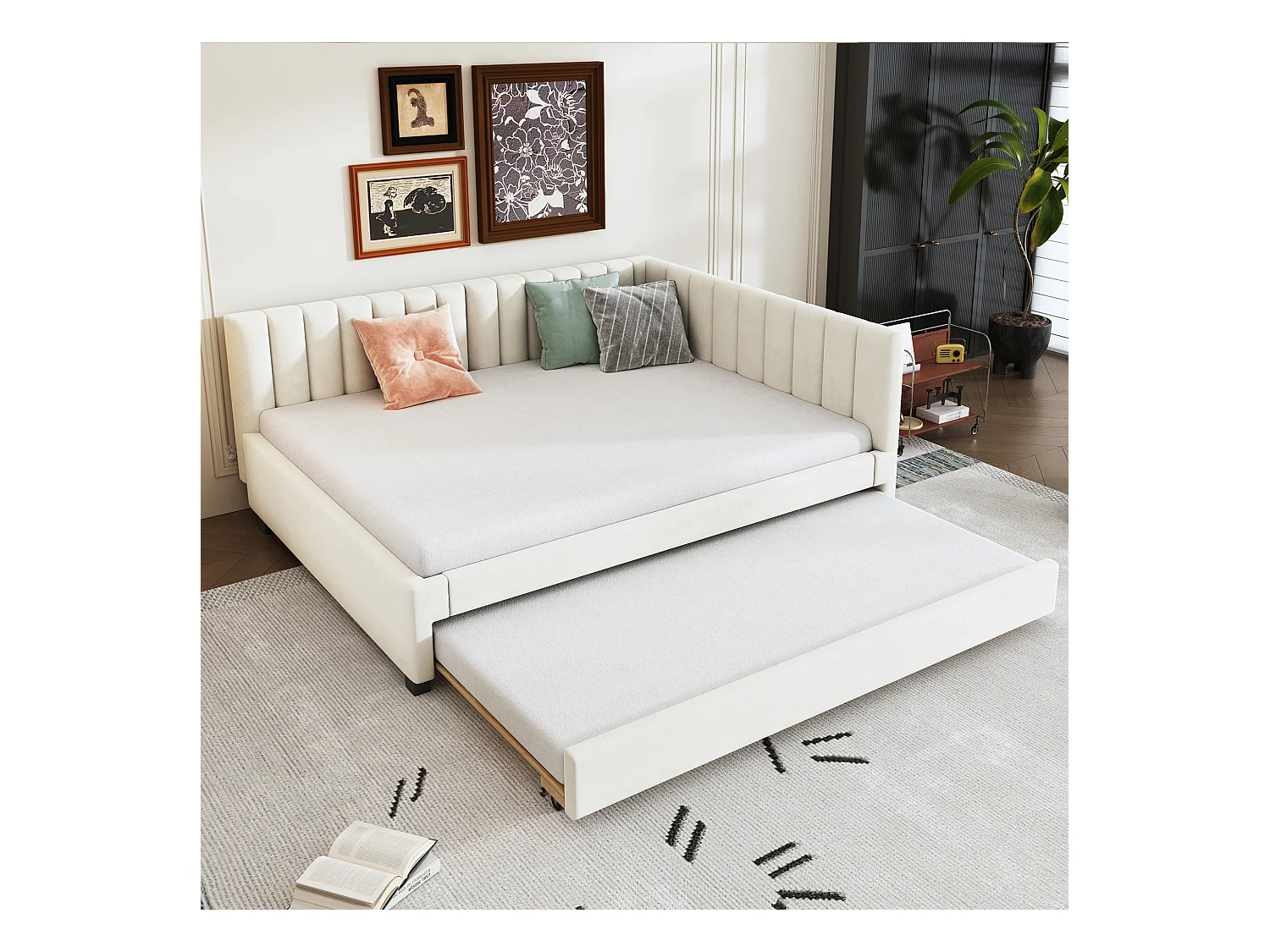 Lit banquette 140x200cm avec lit gigogne 90x190cm, sommier à lattes, tissu en velours beige, sans matelas