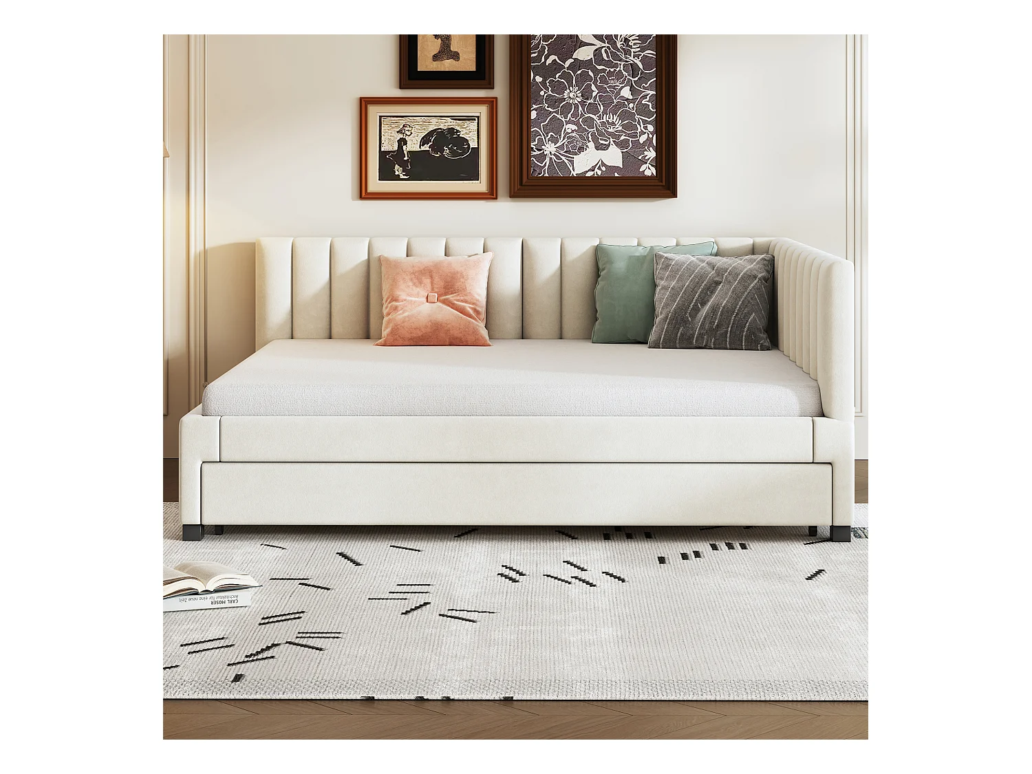 Lit banquette 140x200cm avec lit gigogne 90x190cm, sommier à lattes, tissu en velours beige, sans matelas