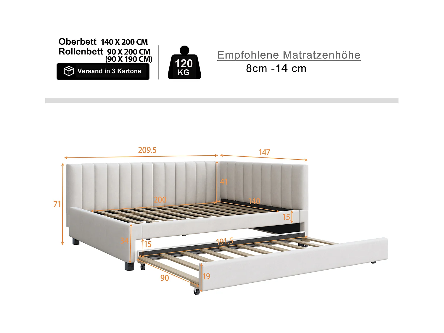 Lit banquette 140x200cm avec lit gigogne 90x190cm, sommier à lattes, tissu en velours beige, sans matelas