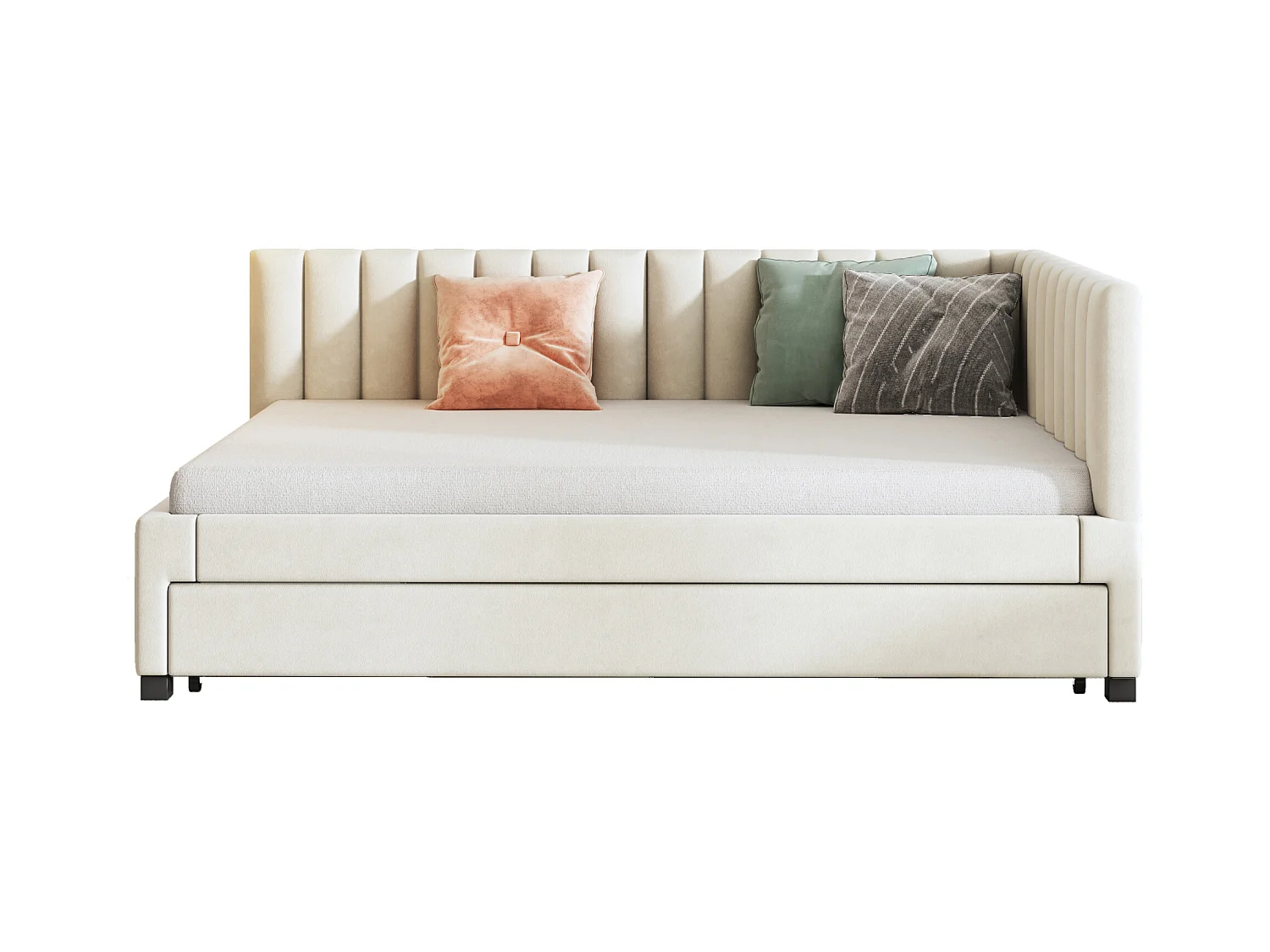 Lit banquette 140x200cm avec lit gigogne 90x190cm, sommier à lattes, tissu en velours beige, sans matelas