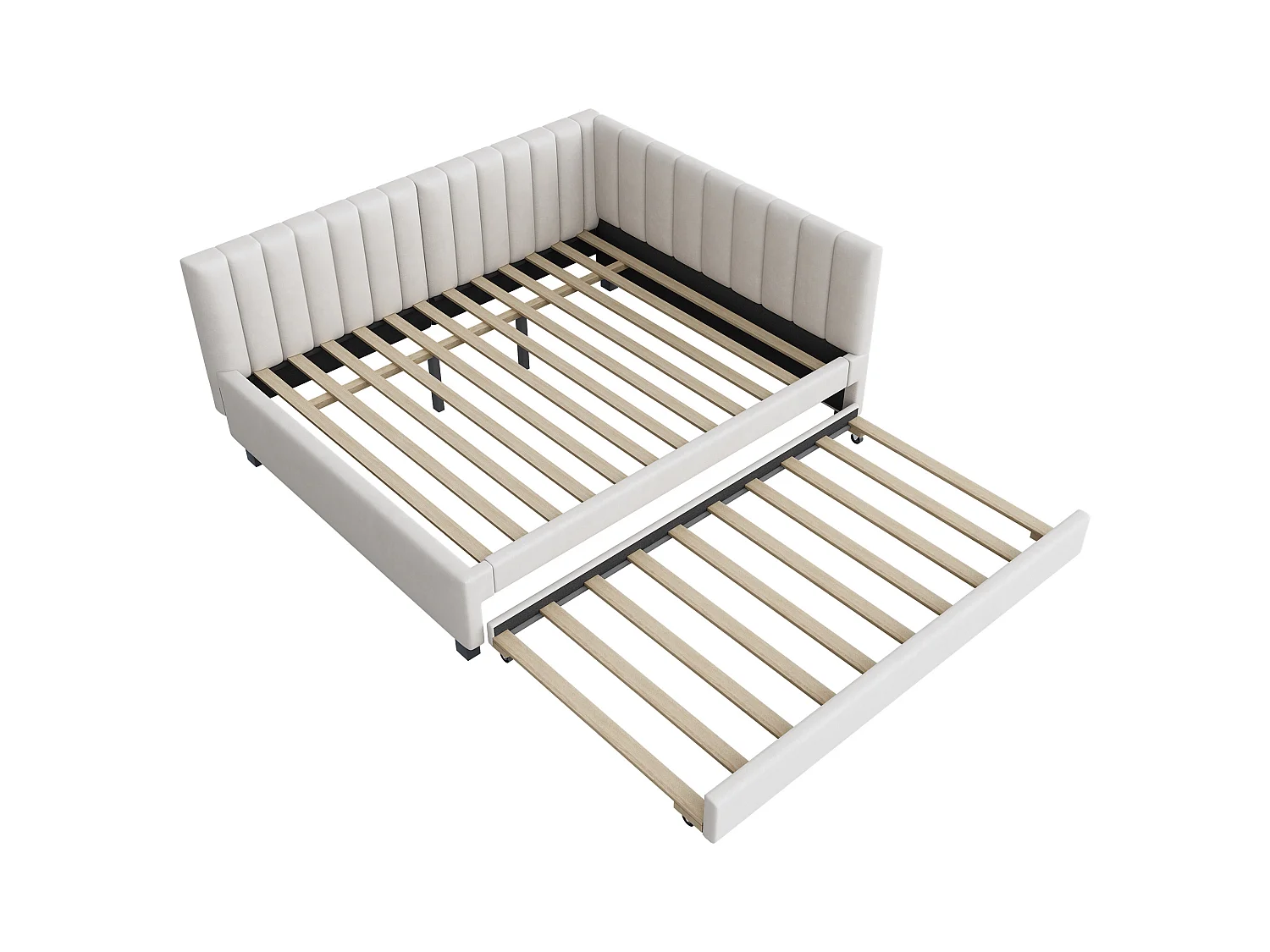 Lit banquette 140x200cm avec lit gigogne 90x190cm, sommier à lattes, tissu en velours beige, sans matelas