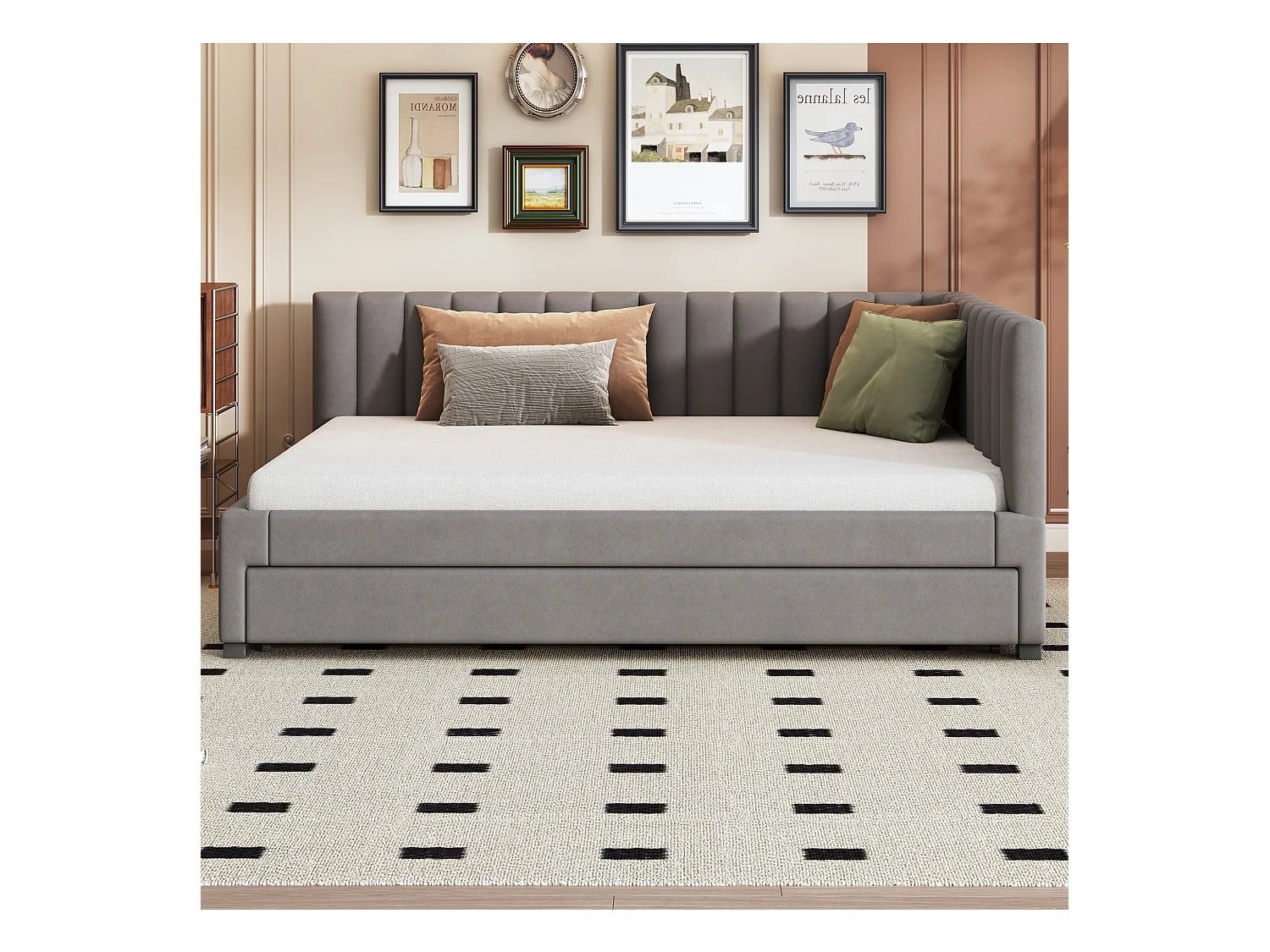 Lit banquette 140x200cm avec lit gigogne 90x190cm, sommier à lattes, tissu en velours gris, sans matelas