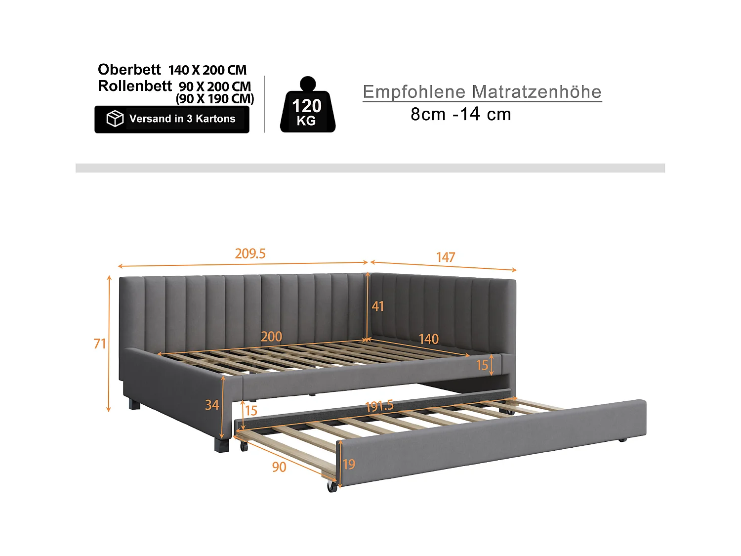 Lit banquette 140x200cm avec lit gigogne 90x190cm, sommier à lattes, tissu en velours gris, sans matelas