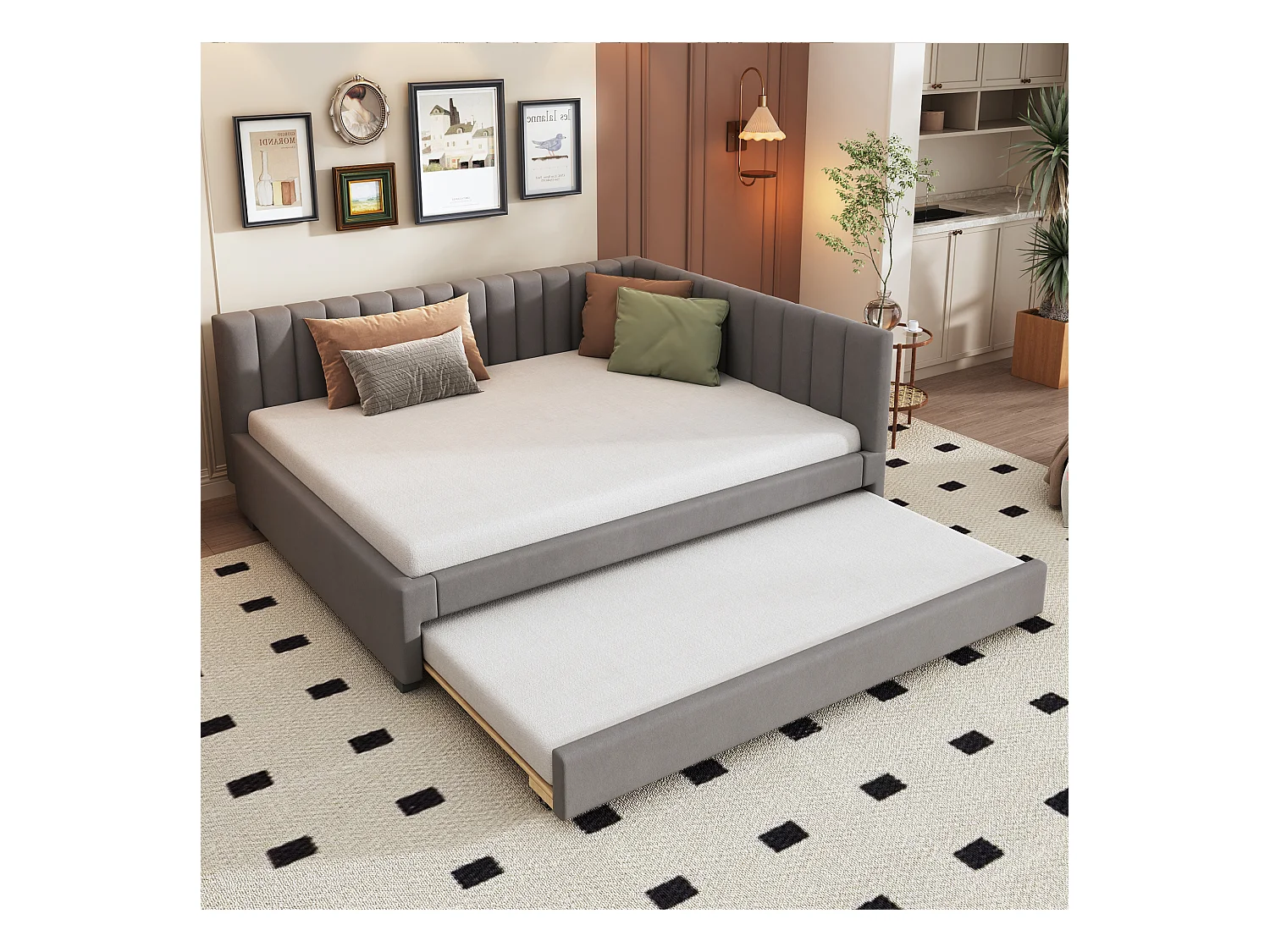 Lit banquette 140x200cm avec lit gigogne 90x190cm, sommier à lattes, tissu en velours gris, sans matelas