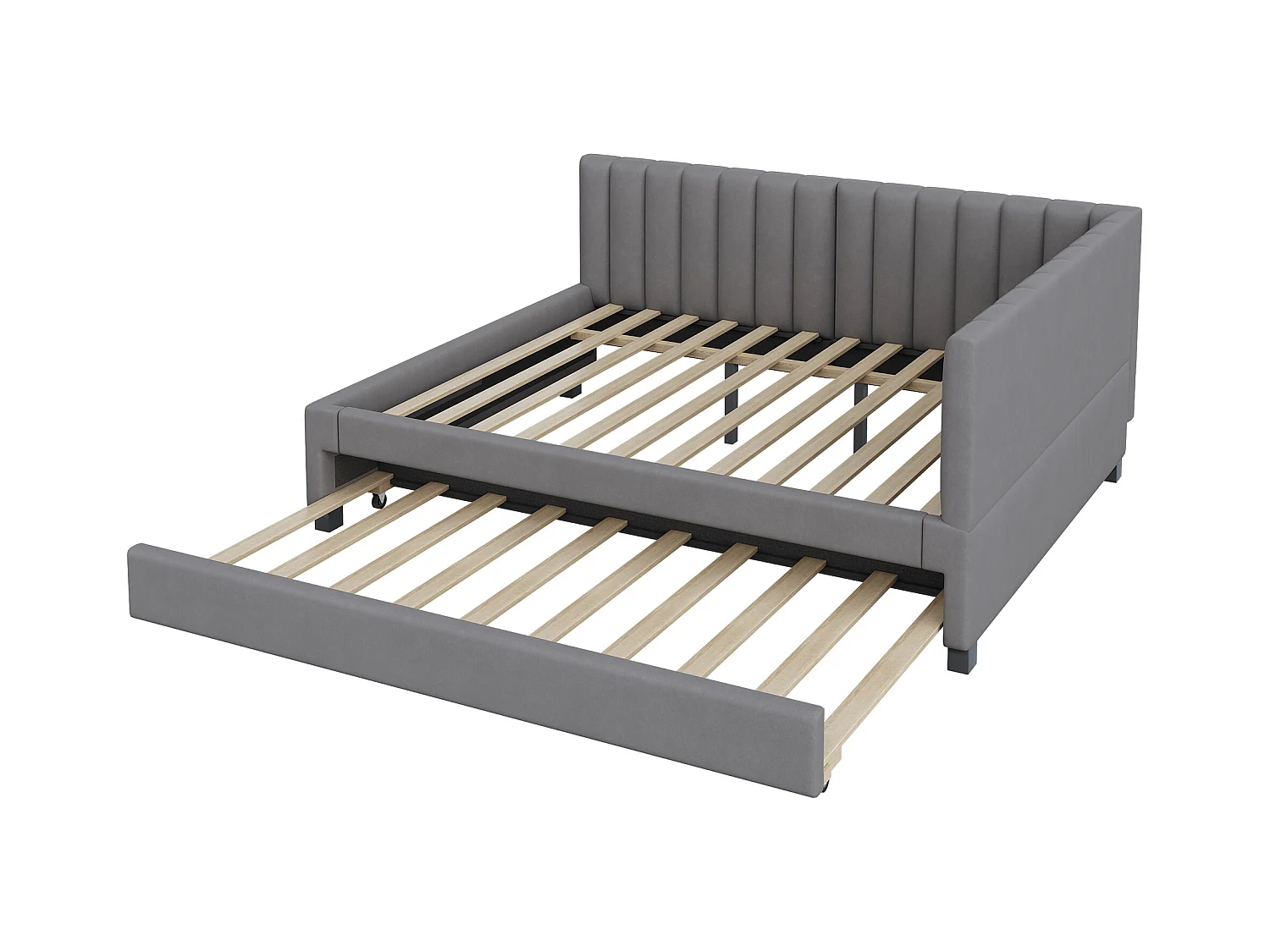 Sofá-cama 140x200 cm com cama auxiliar 90x190 cm, estrado de ripas, tecido de veludo cinza, sem colchão