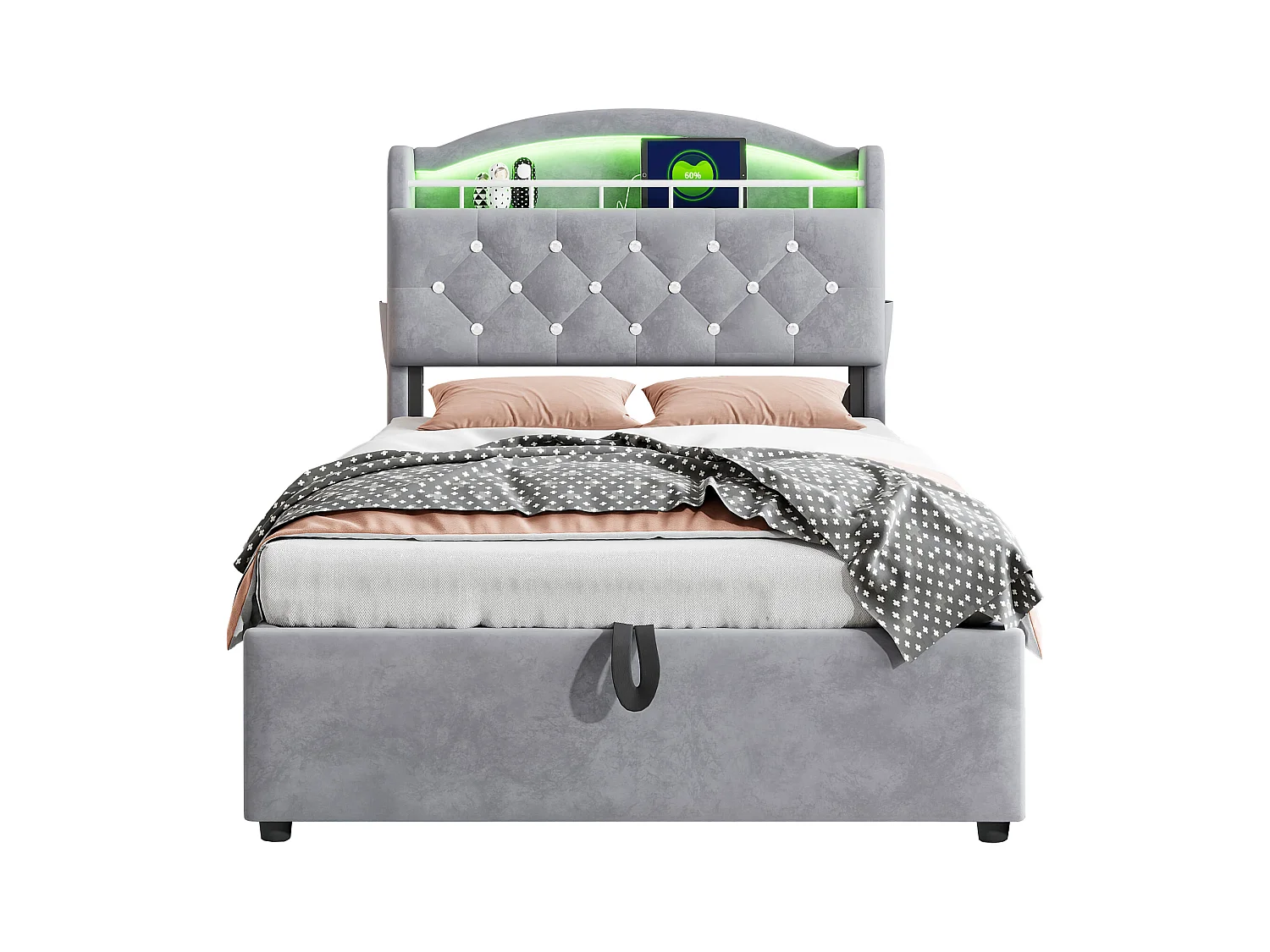 Lit coffre enfant 90x200cm gris en flanelle, tête de lit de rangement effet crystal, LED et USB, sans matelas