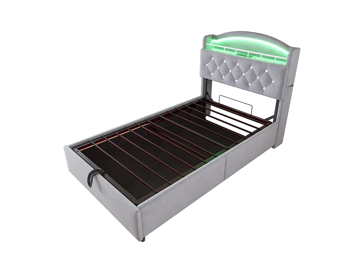 Lit coffre enfant 90x200cm gris en flanelle, tête de lit de rangement effet crystal, LED et USB, sans matelas