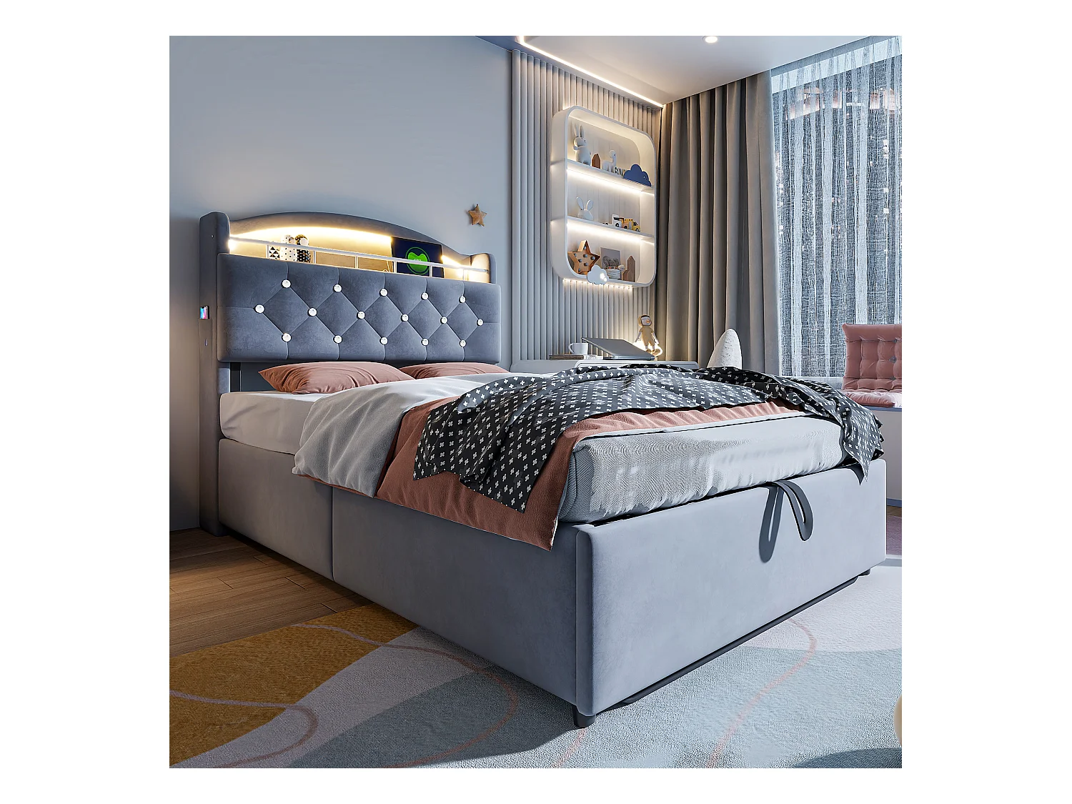Lit coffre enfant 90x200cm gris en flanelle, tête de lit de rangement effet crystal, LED et USB, sans matelas