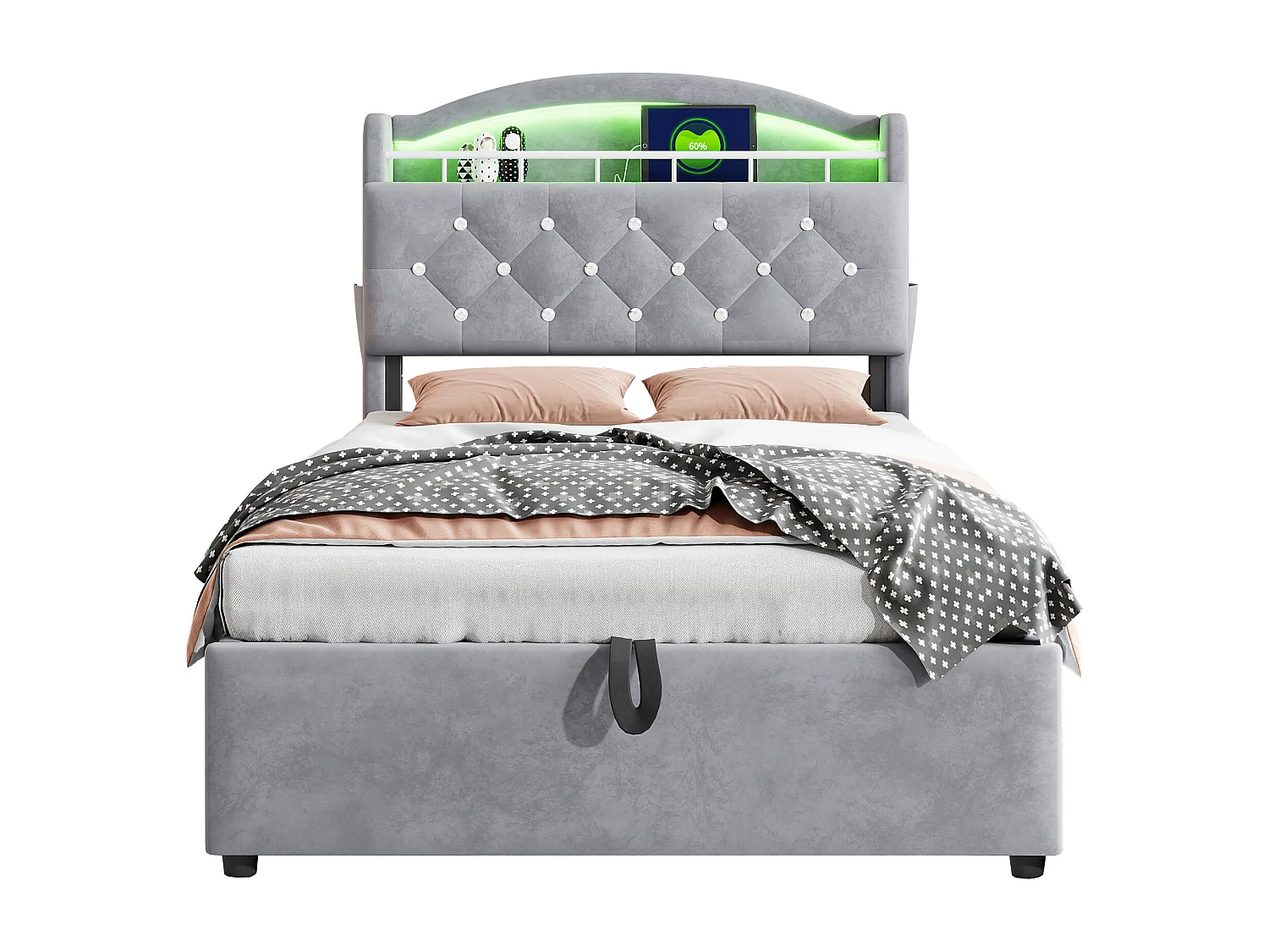 Lit coffre enfant 90x200cm gris en flanelle, tête de lit de rangement effet crystal, LED et USB, sans matelas