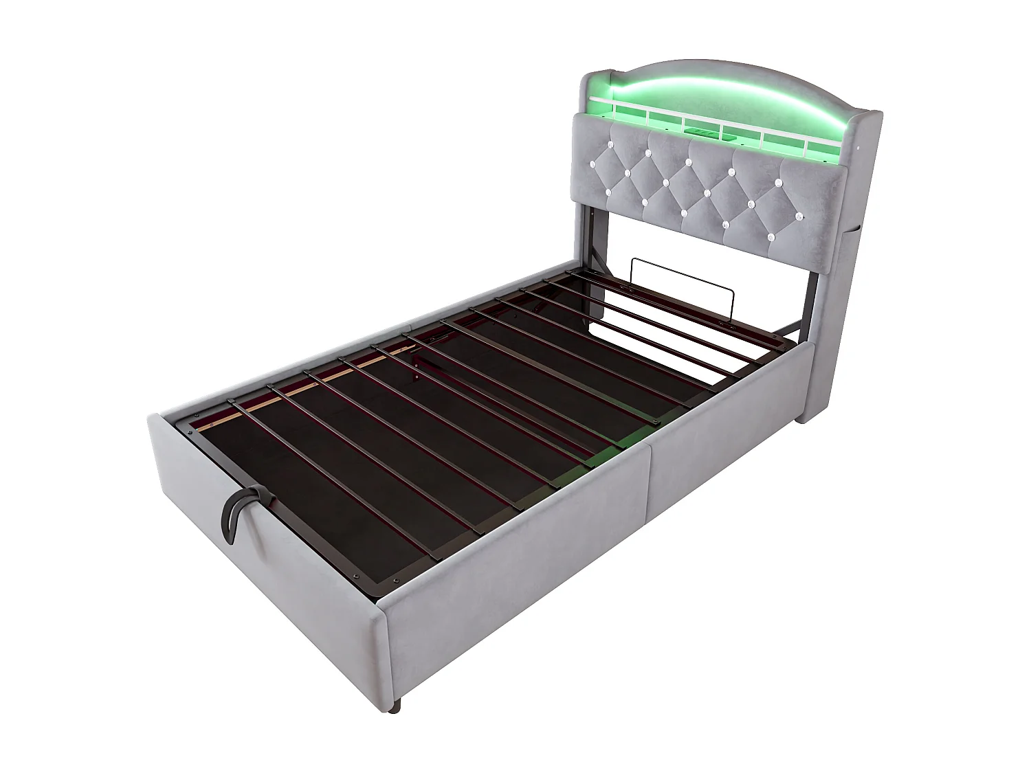 Lit coffre enfant 90x200cm gris en flanelle, tête de lit de rangement effet crystal, LED et USB, sans matelas