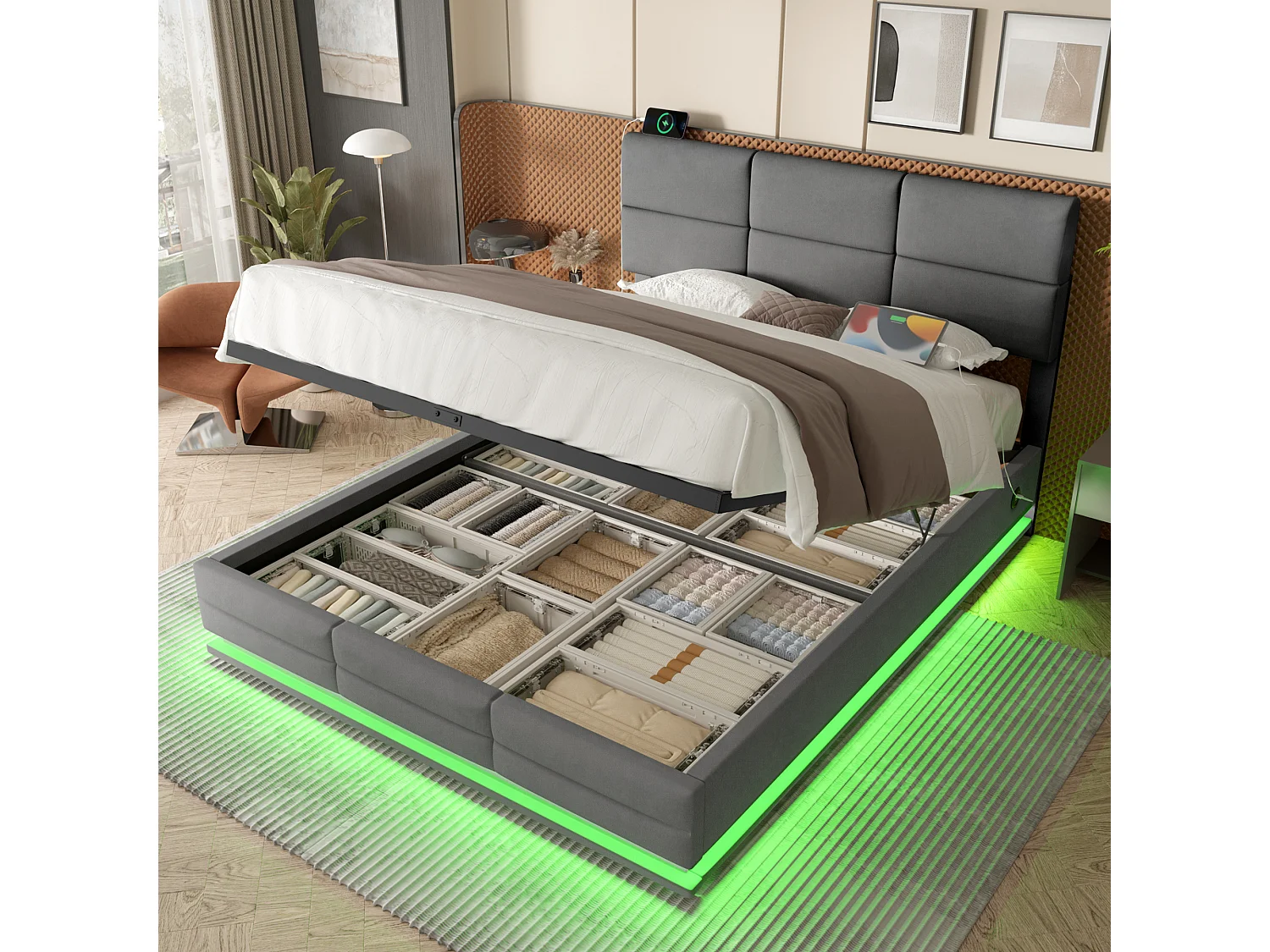 Bed met opbergruimte voor volwassenen 160x200 cm grijs fluweel, in hoogte verstelbare hoofdbord, met LED en USB, zonder matras