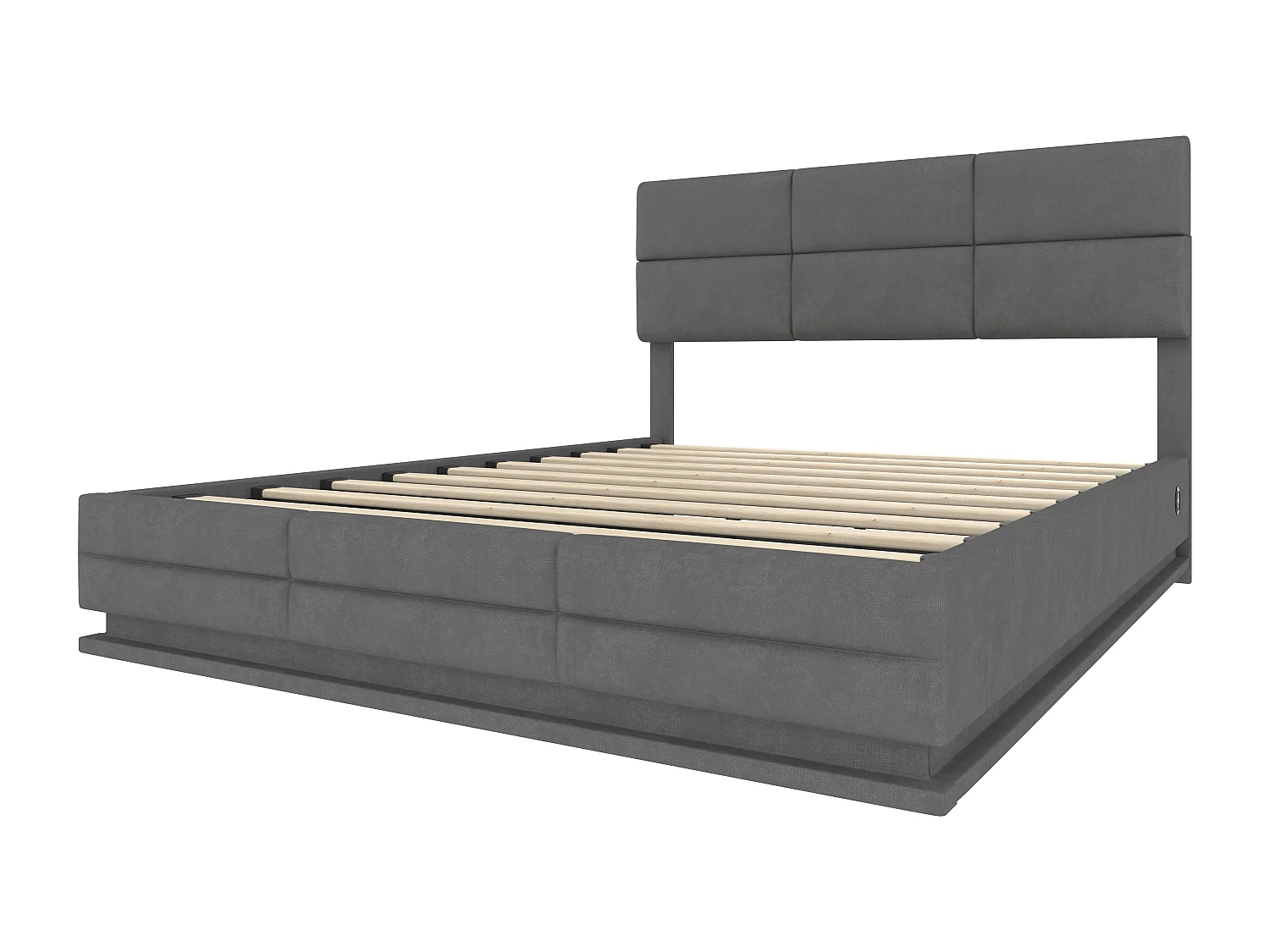 Lit coffre adulte 160x200cm gris en velours, tête de lit réglable en hauteur, avec LED et USB, sans matelas