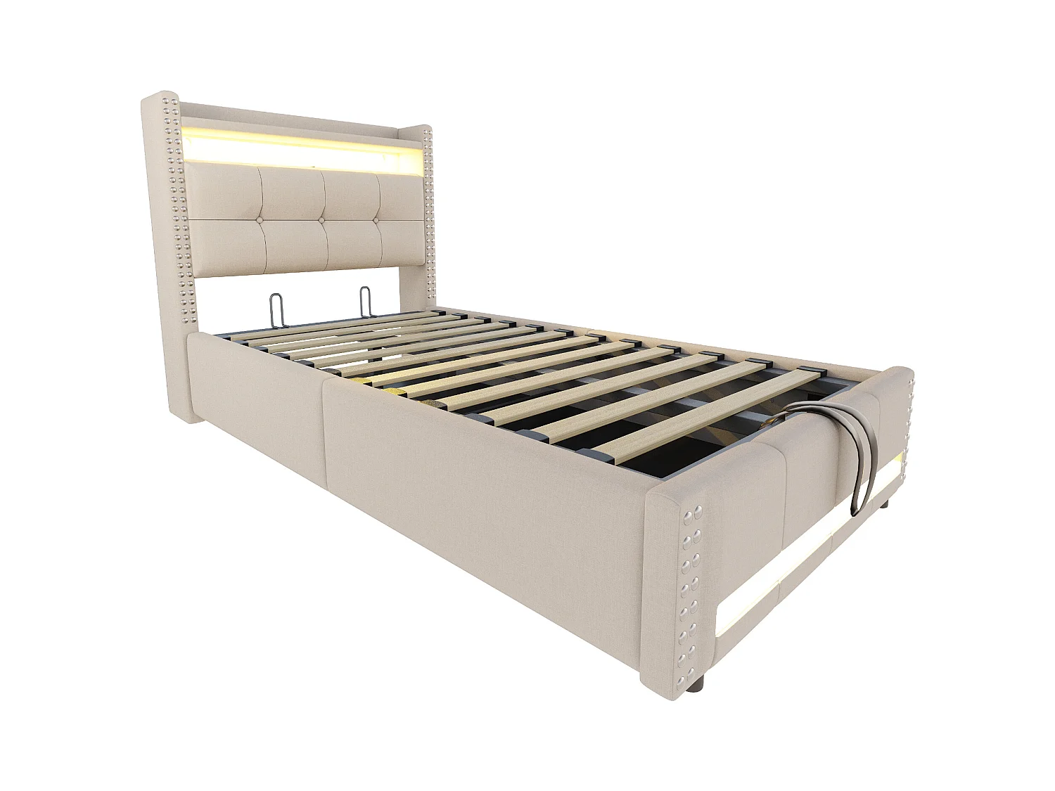 Lit coffre enfant 90x200cm beige en lin avec LED et USB, décoration de rivets, sans matelas