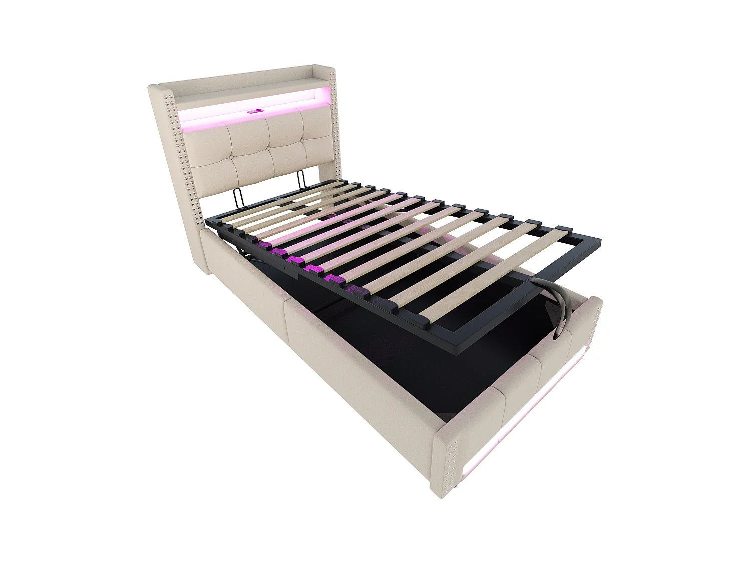 Lit coffre enfant 90x200cm beige en lin avec LED et USB, décoration de rivets, sans matelas