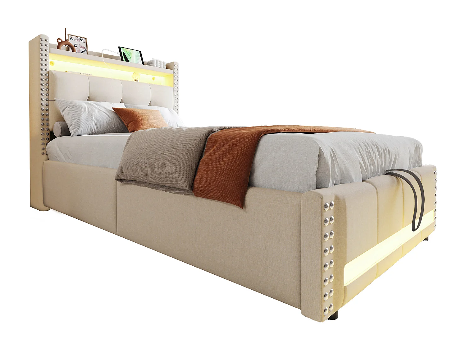 Lit coffre enfant 90x200cm beige en lin avec LED et USB, décoration de rivets, sans matelas