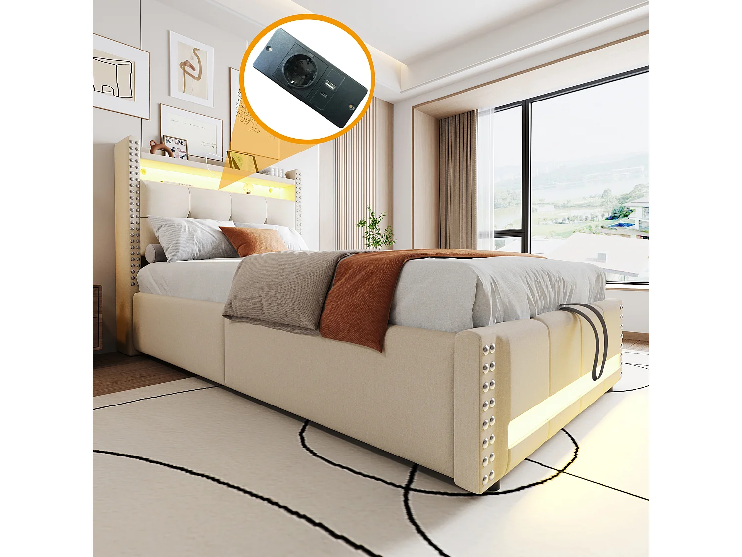 Kinderbed met opbergruimte 90x200 cm beige van linnen met LED-verlichting en USB-poort, met klinknagelversiering, zonder matras