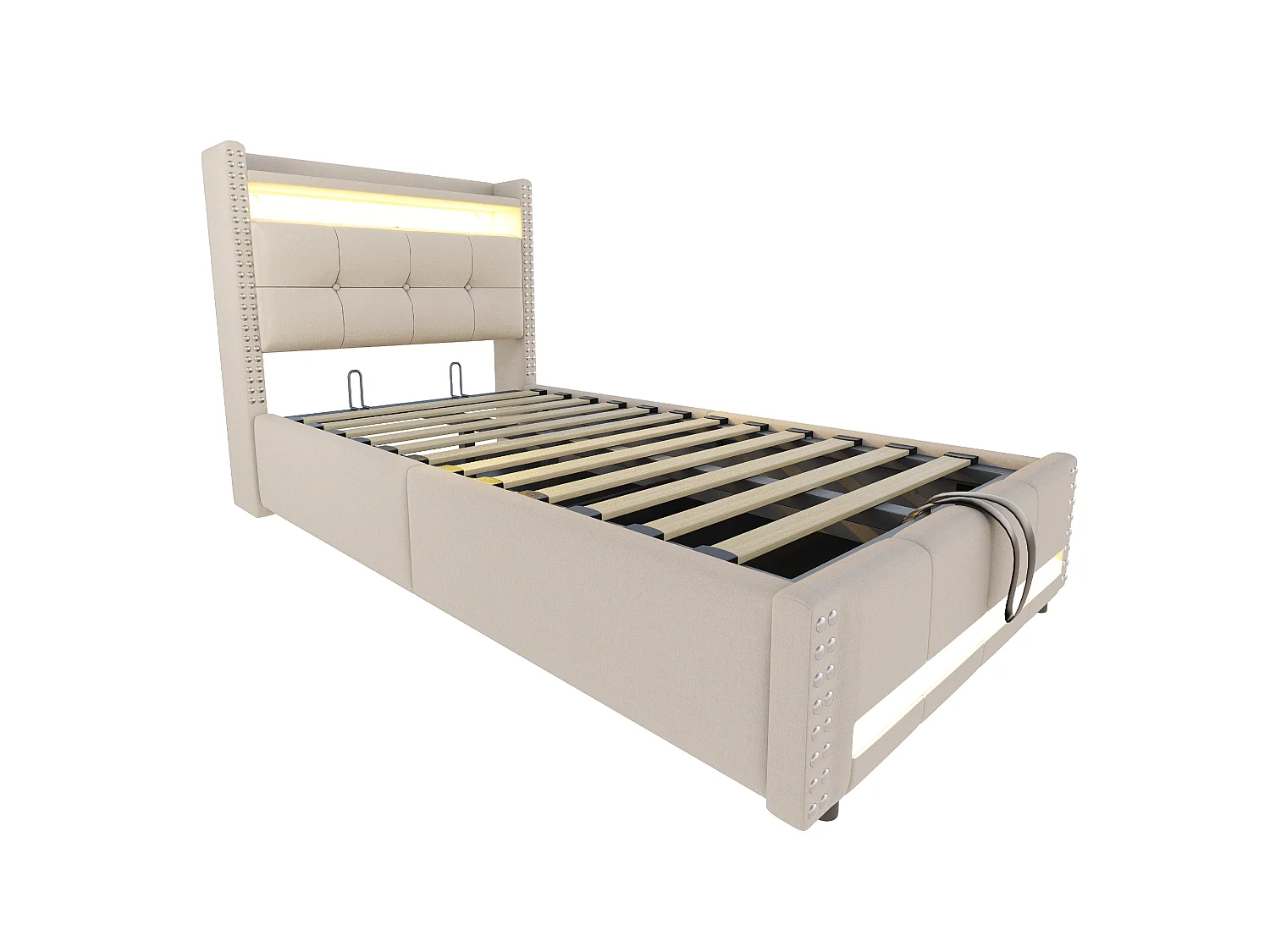 Kinderbed met opbergruimte 90x200 cm beige van linnen met LED-verlichting en USB-poort, met klinknagelversiering, zonder matras