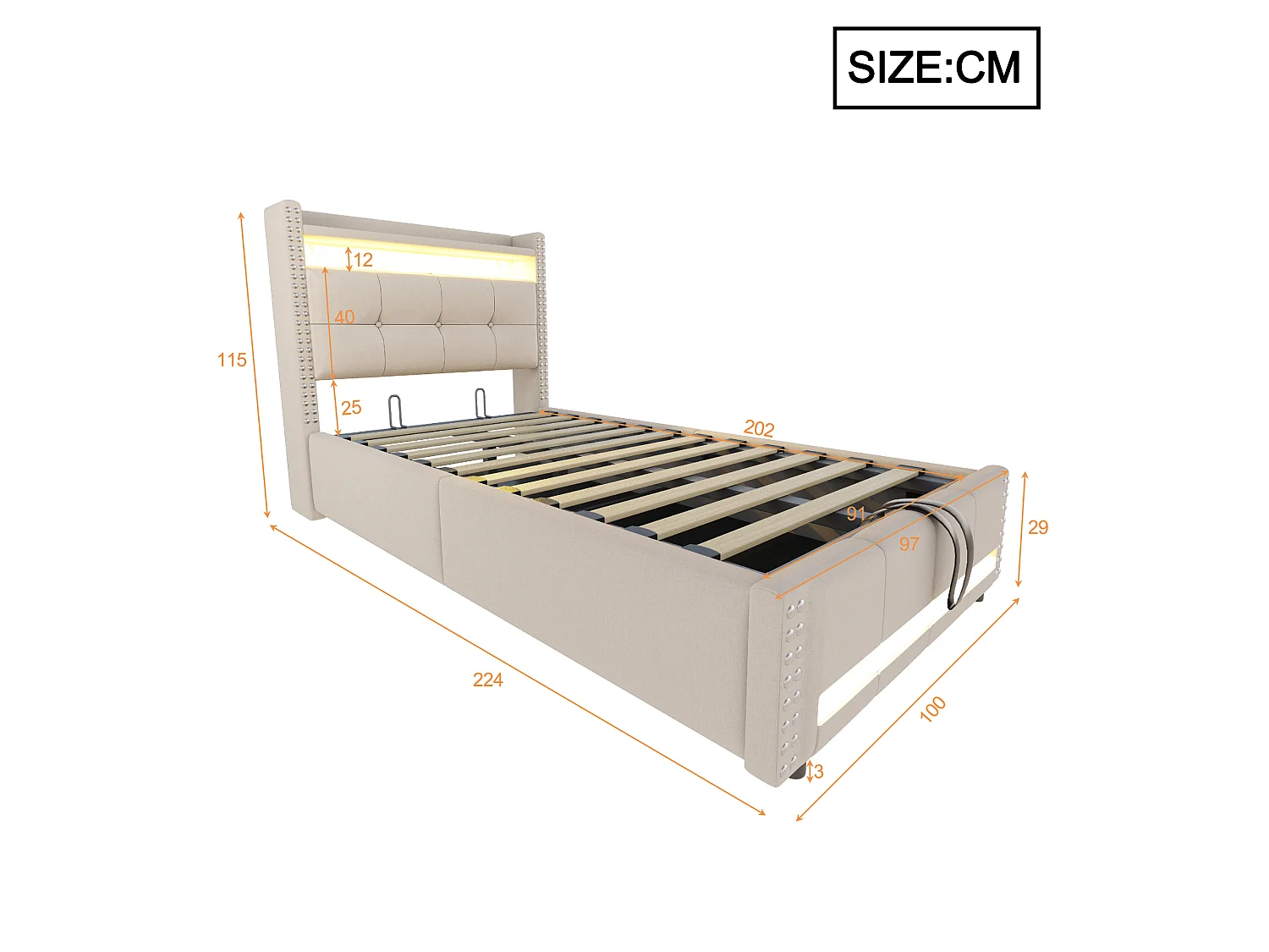 Kinderbed met opbergruimte 90x200 cm beige van linnen met LED-verlichting en USB-poort, met klinknagelversiering, zonder matras