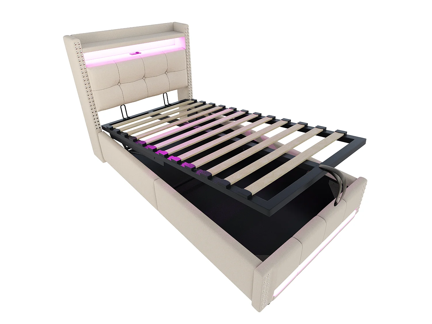 Kinderbed met opbergruimte 90x200 cm beige van linnen met LED-verlichting en USB-poort, met klinknagelversiering, zonder matras