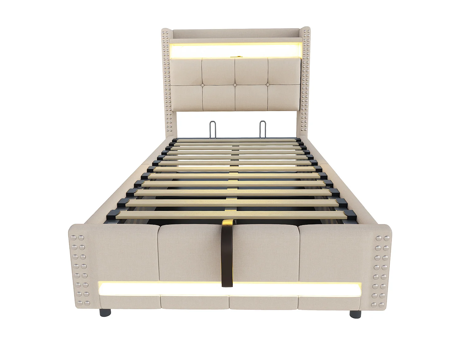 Kinderbed met opbergruimte 90x200 cm beige van linnen met LED-verlichting en USB-poort, met klinknagelversiering, zonder matras