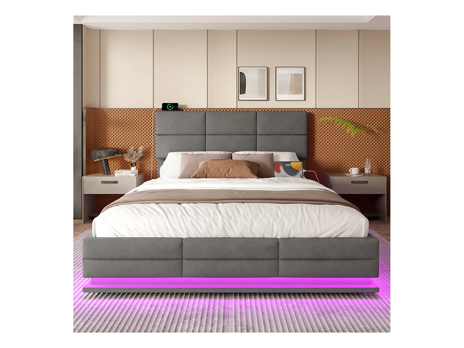 Bed met opbergruimte voor volwassenen 180x200 cm grijs fluweel, in hoogte verstelbare hoofdbord, met LED en USB, zonder matras