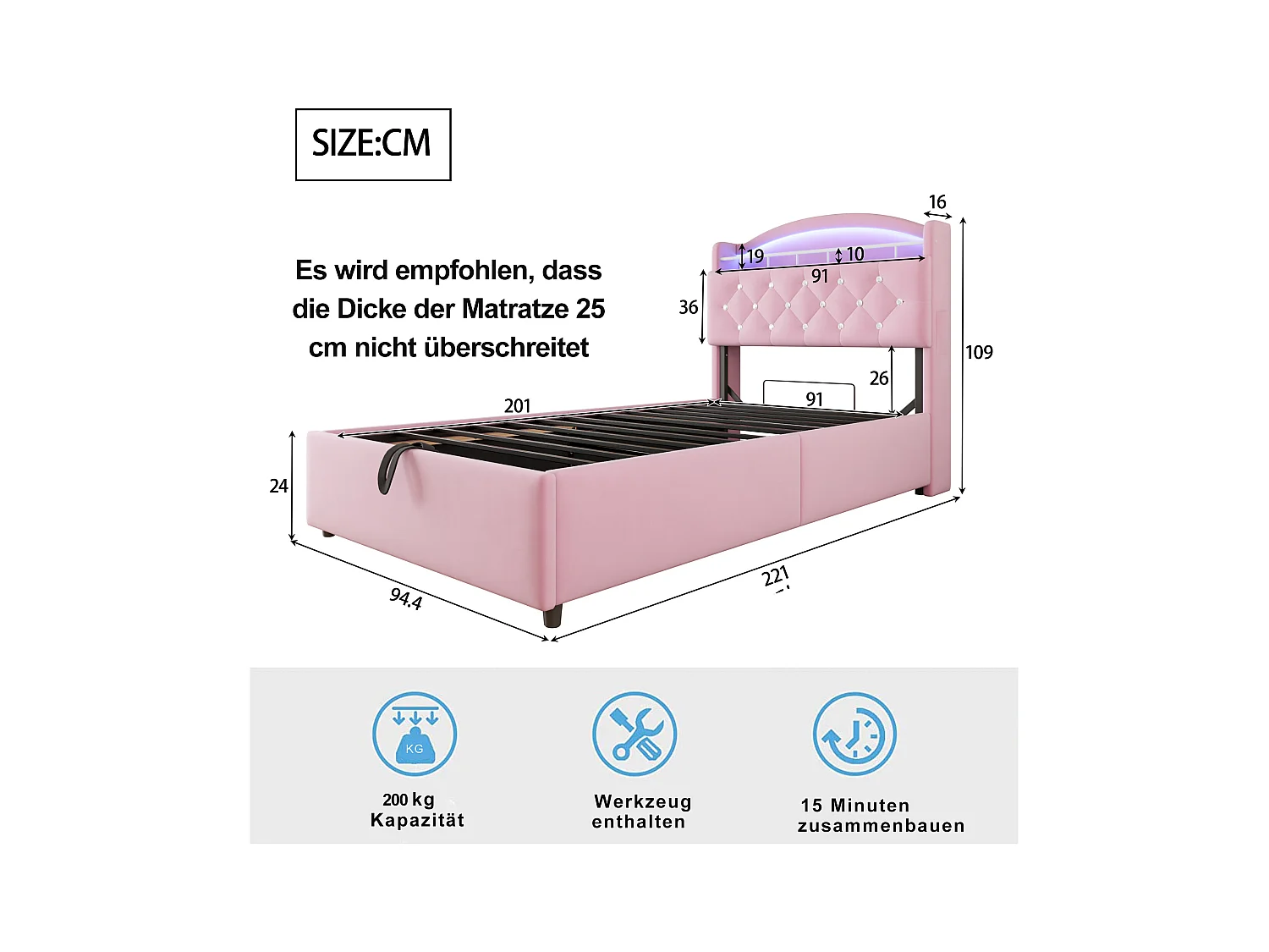 Lit coffre enfant 90x200cm rose en flanelle, tête de lit de rangement effet crystal, LED et USB, sans matelas