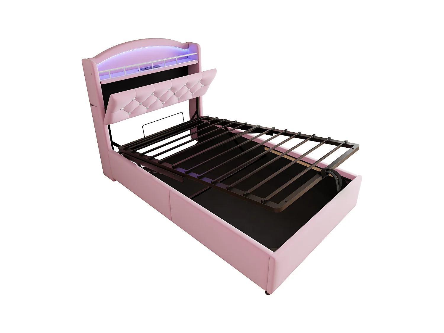 Lit coffre enfant 90x200cm rose en flanelle, tête de lit de rangement effet crystal, LED et USB, sans matelas