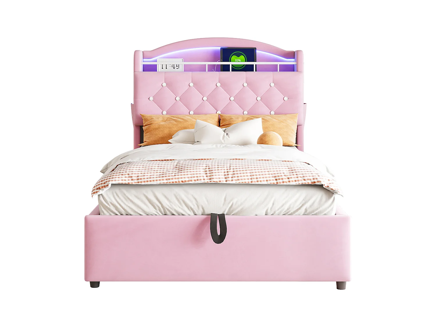 Lit coffre enfant 90x200cm rose en flanelle, tête de lit de rangement effet crystal, LED et USB, sans matelas