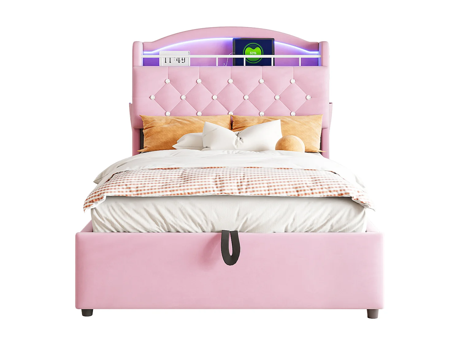 Letto contenitore per bambini 90x200 cm rosa in flanella, testiera con contenitore effetto cristallo, con LED e USB, senza materasso