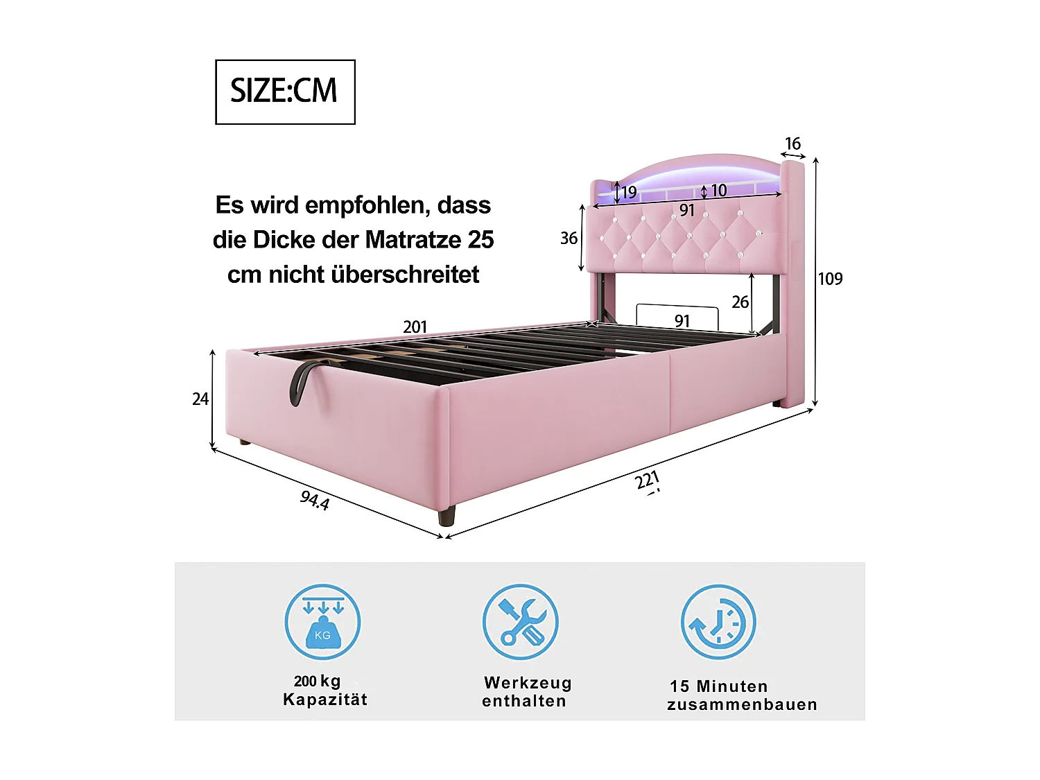 Letto contenitore per bambini 90x200 cm rosa in flanella, testiera con contenitore effetto cristallo, con LED e USB, senza materasso
