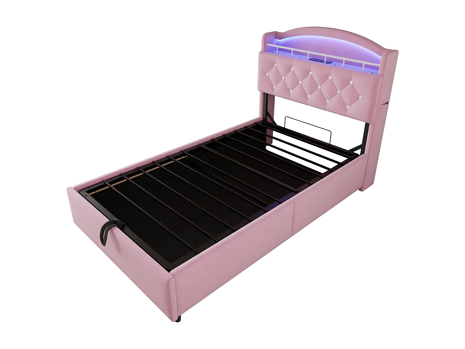 Letto contenitore per bambini 90x200 cm rosa in flanella, testiera con contenitore effetto cristallo, con LED e USB, senza materasso