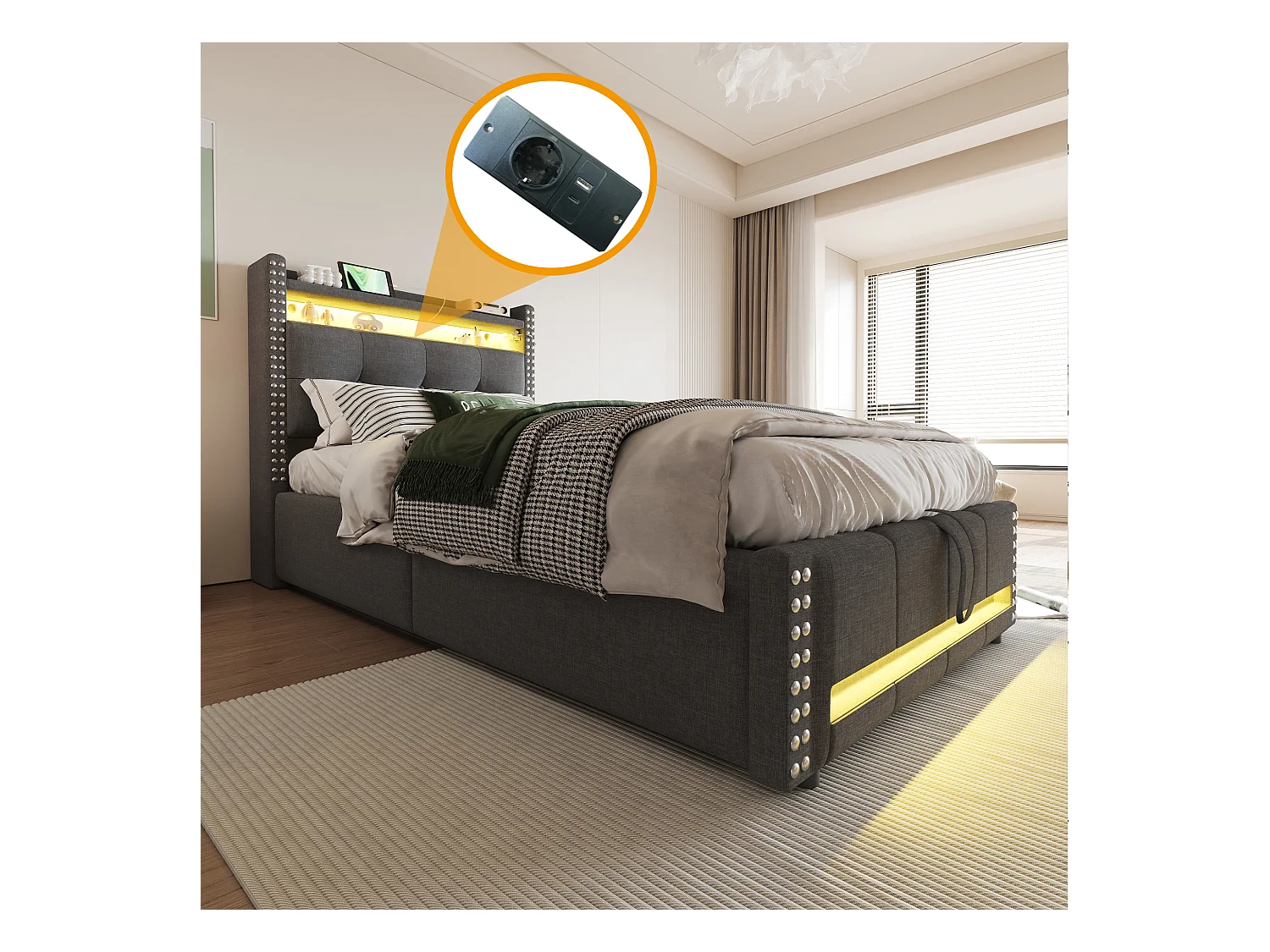 Lit coffre enfant 90x200cm gris en lin avec LED et USB, décoration de rivets, sans matelas