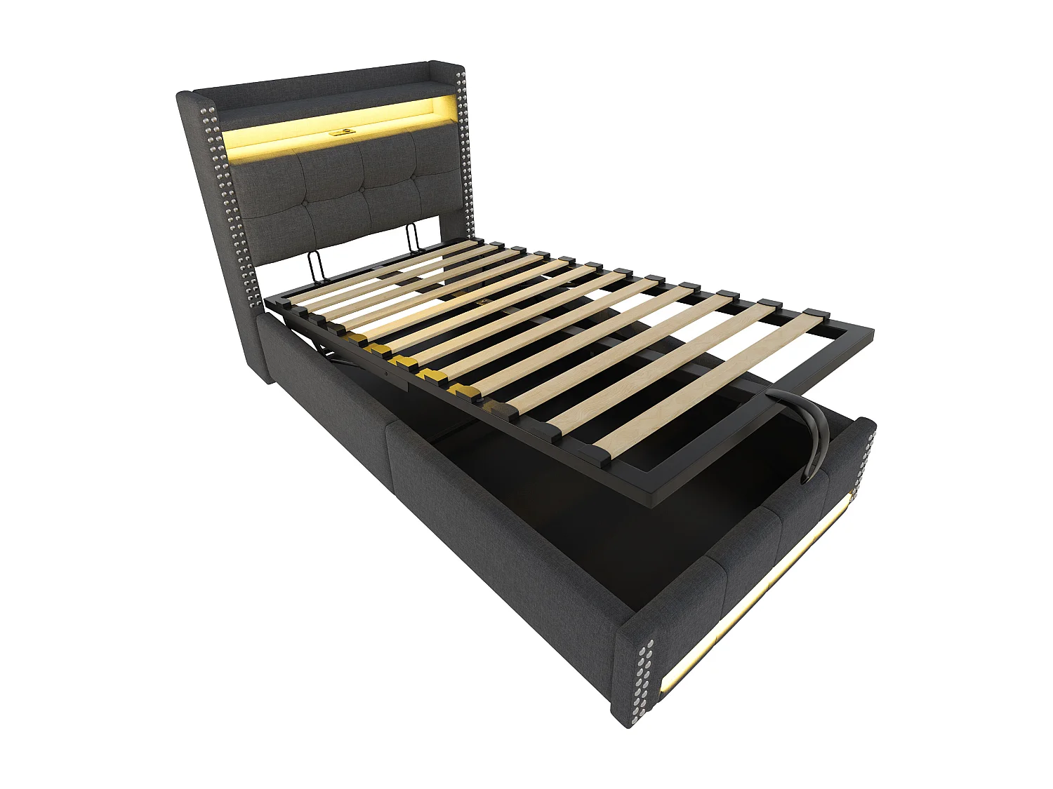 Lit coffre enfant 90x200cm gris en lin avec LED et USB, décoration de rivets, sans matelas