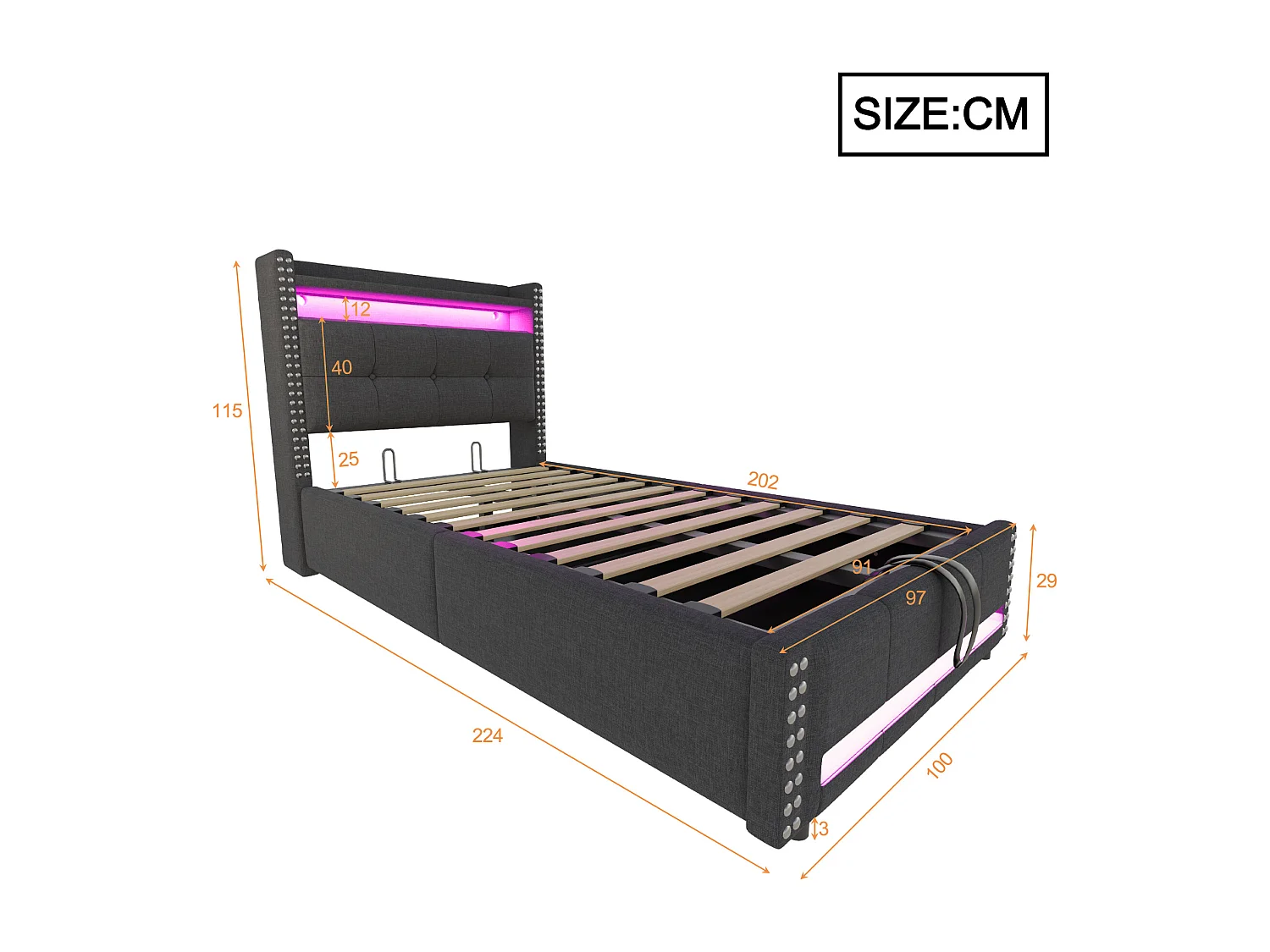 Lit coffre enfant 90x200cm gris en lin avec LED et USB, décoration de rivets, sans matelas