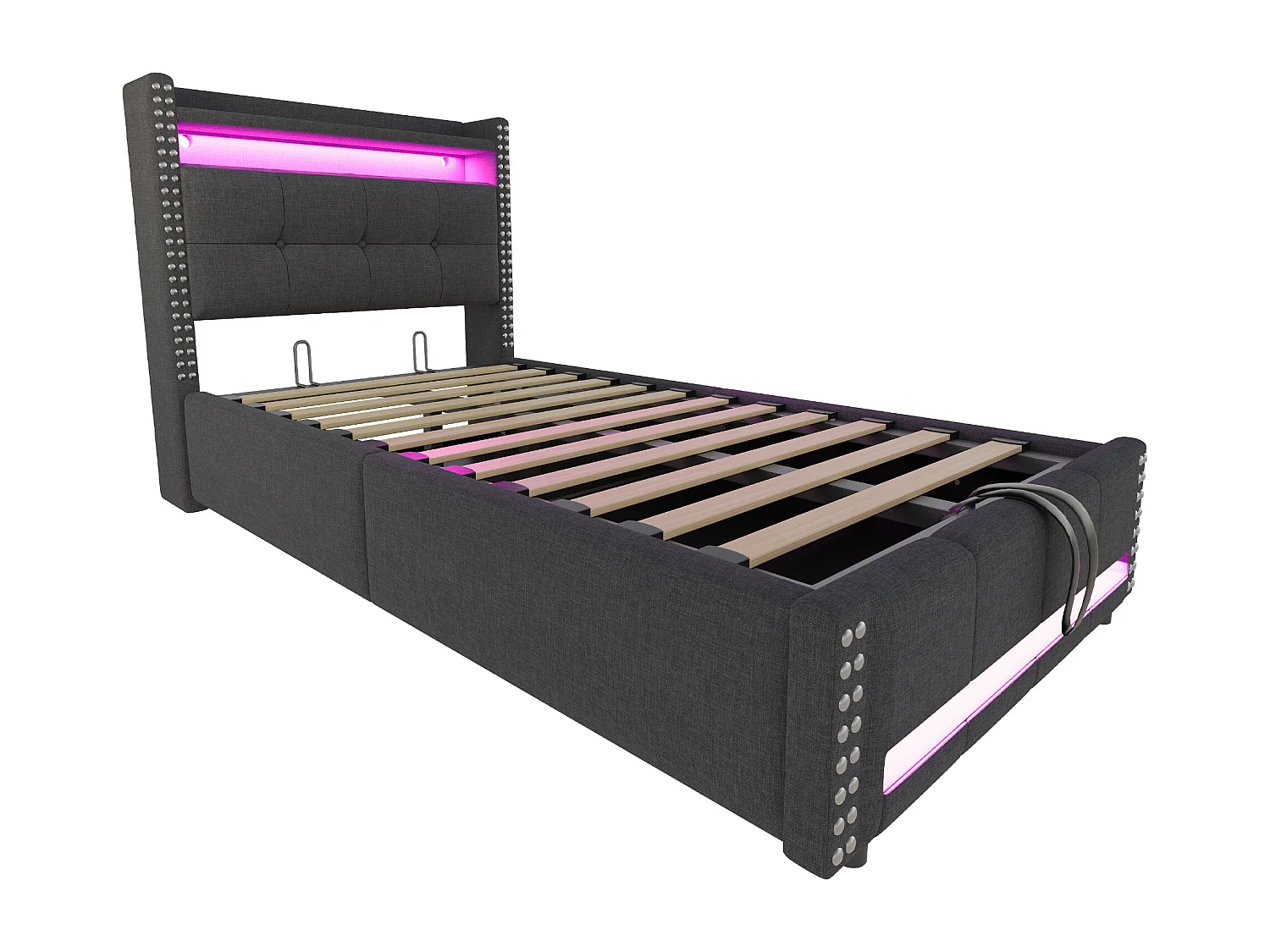 Lit coffre enfant 90x200cm gris en lin avec LED et USB, décoration de rivets, sans matelas