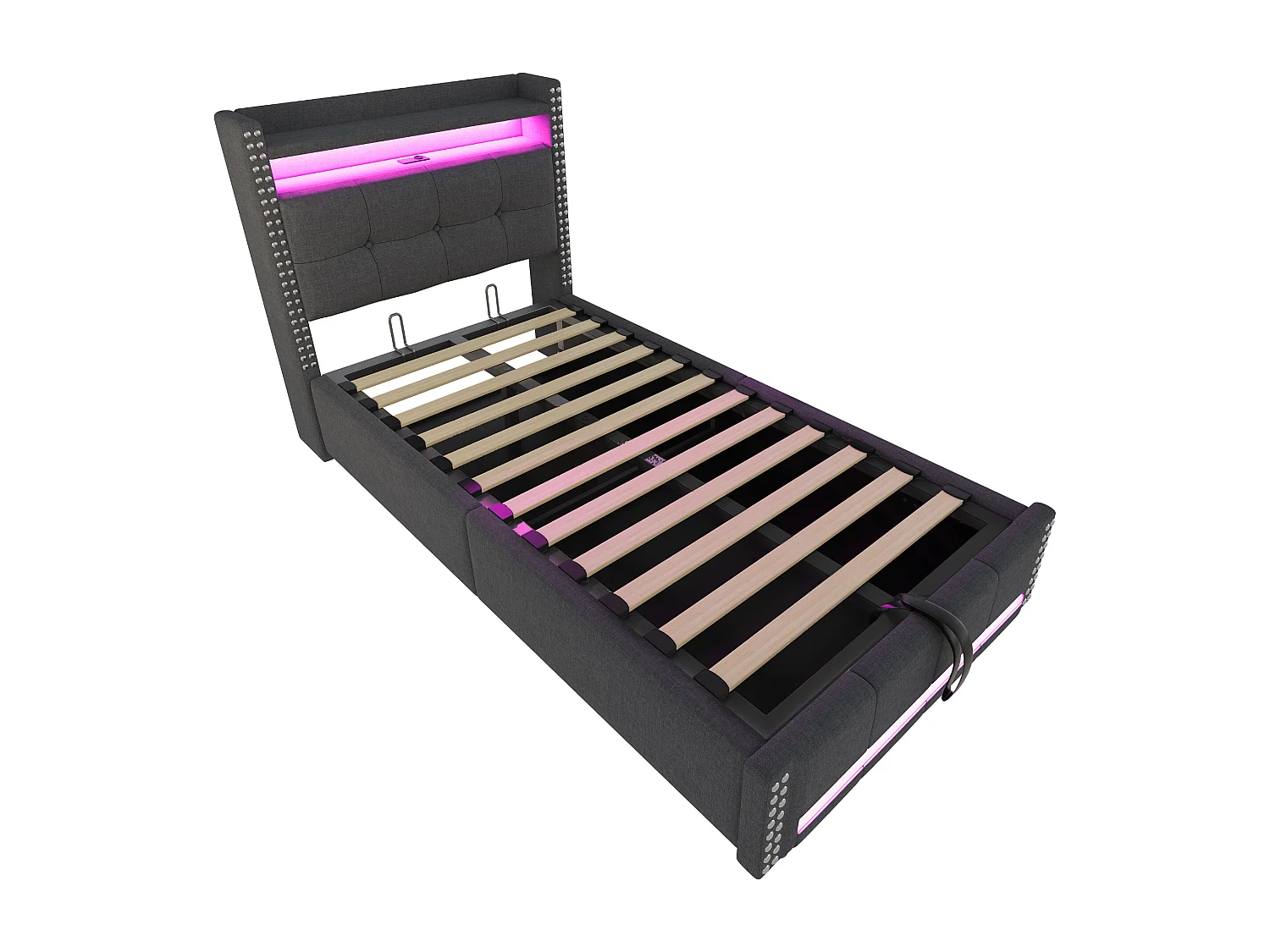 Lit coffre enfant 90x200cm gris en lin avec LED et USB, décoration de rivets, sans matelas