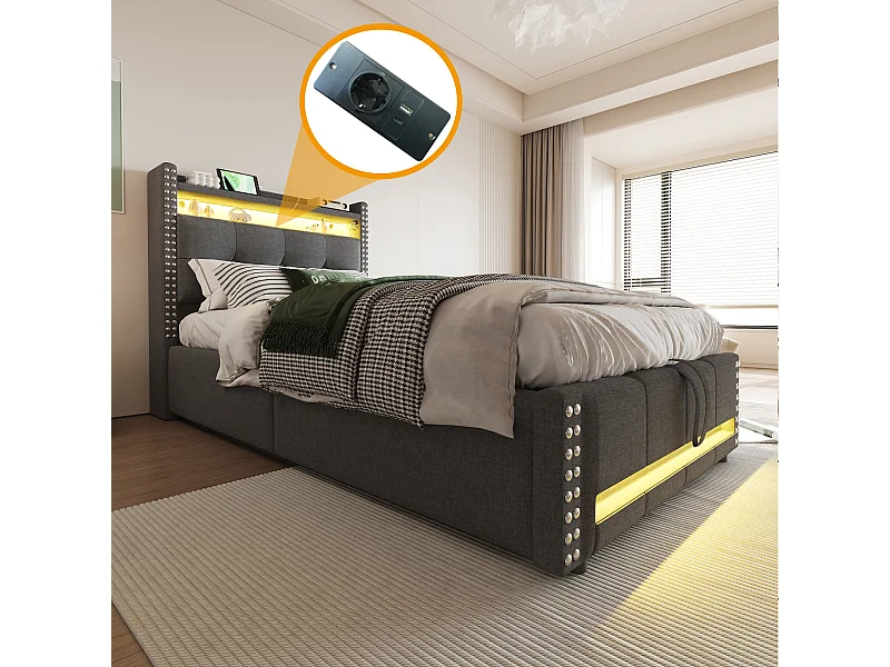 Kinderbed met opbergruimte 90x200 cm grijs van linnen met LED-verlichting en USB-poort, met klinknagelversiering, zonder matras