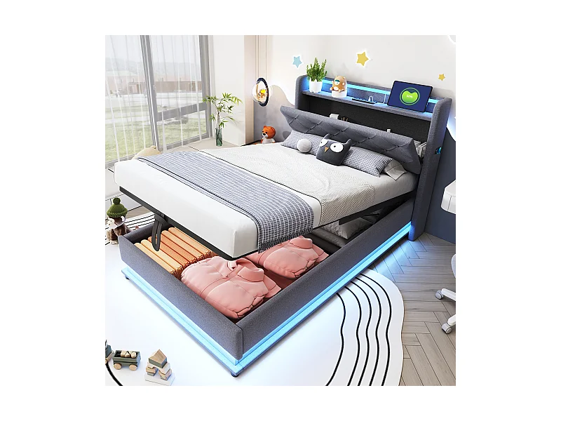 Letto contenitore per bambini 90x200 cm grigio in lino, testiera con contenitore, LED e USB, senza materasso