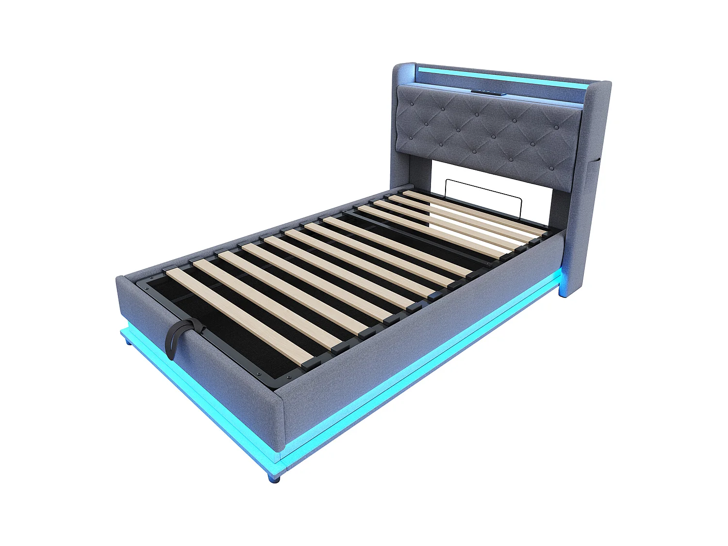 Lit coffre enfant 90x200cm gris en lin,tête de lit de rangement avec LED et USB, sans matelas