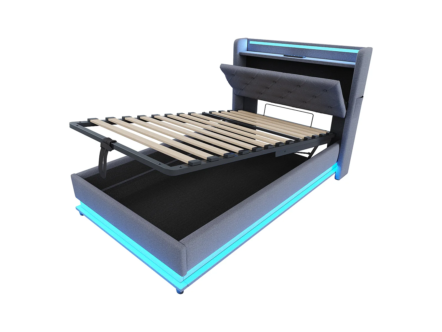 Lit coffre enfant 90x200cm gris en lin,tête de lit de rangement avec LED et USB, sans matelas