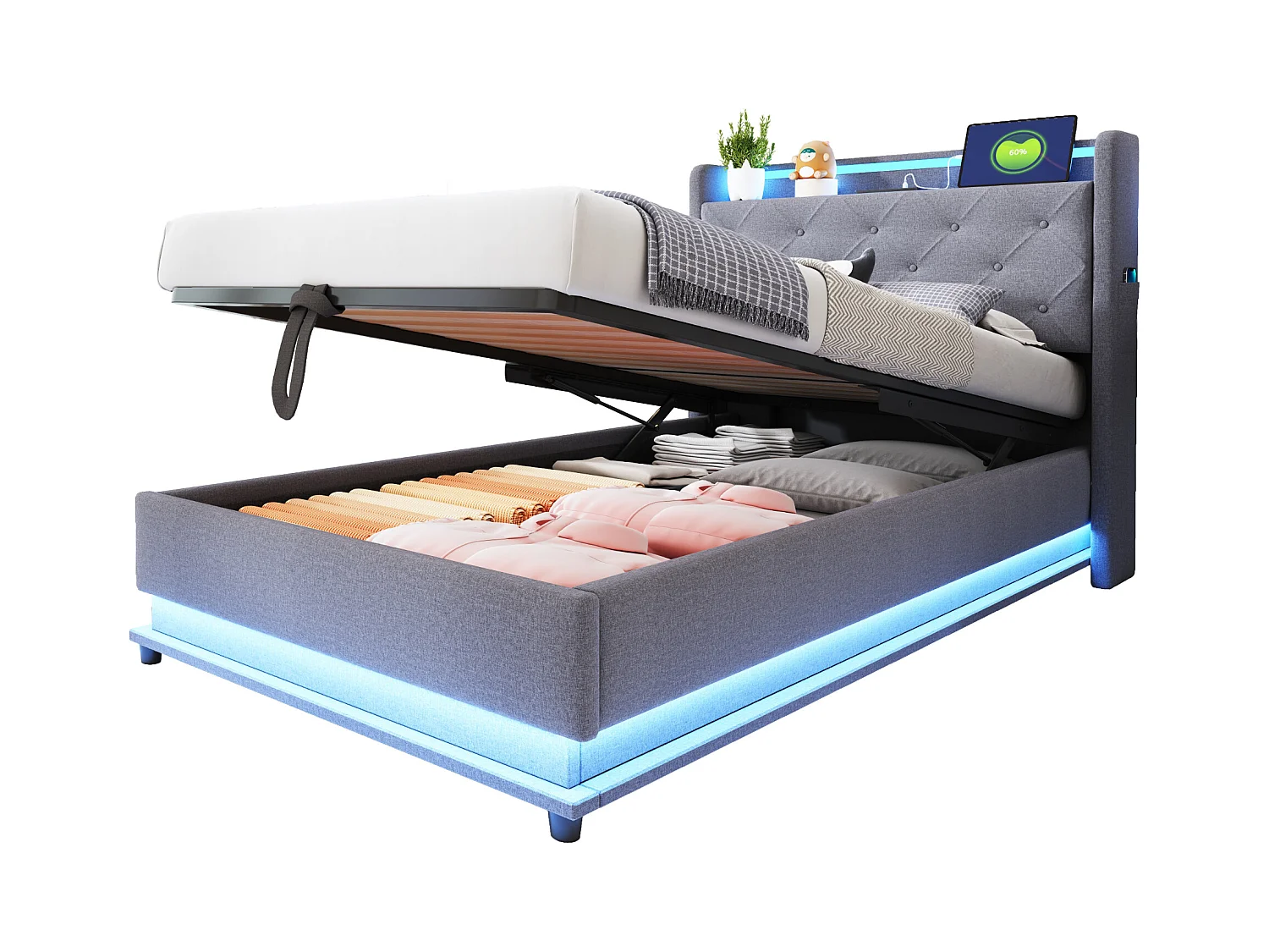 Lit coffre enfant 90x200cm gris en lin,tête de lit de rangement avec LED et USB, sans matelas