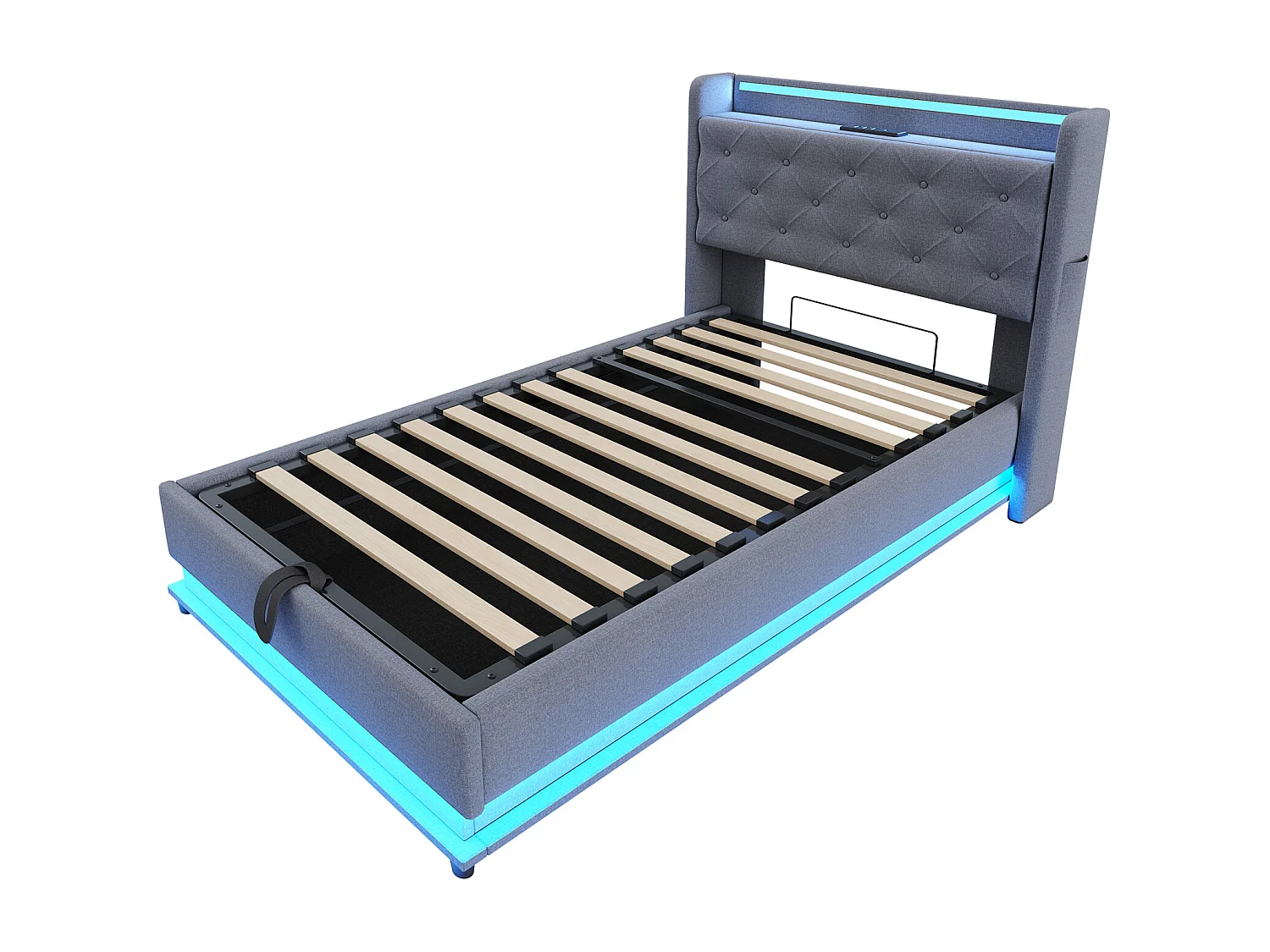 Lit coffre enfant 90x200cm gris en lin,tête de lit de rangement avec LED et USB, sans matelas