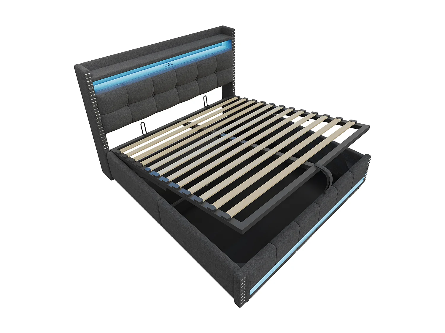 Lit coffre adulte 180x200cm gris en lin avec LED et USB, décoration de rivets, sans matelas