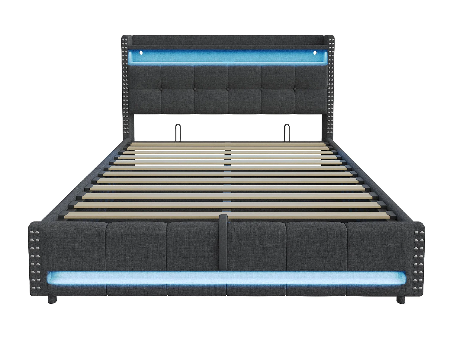 Lit coffre adulte 180x200cm gris en lin avec LED et USB, décoration de rivets, sans matelas