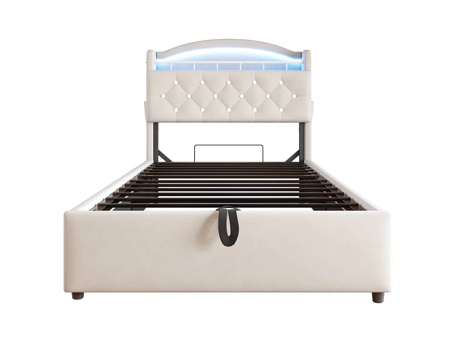 Lit coffre enfant 90x200cm beige en flanelle, tête de lit de rangement effet crystal, LED et USB, sans matelas